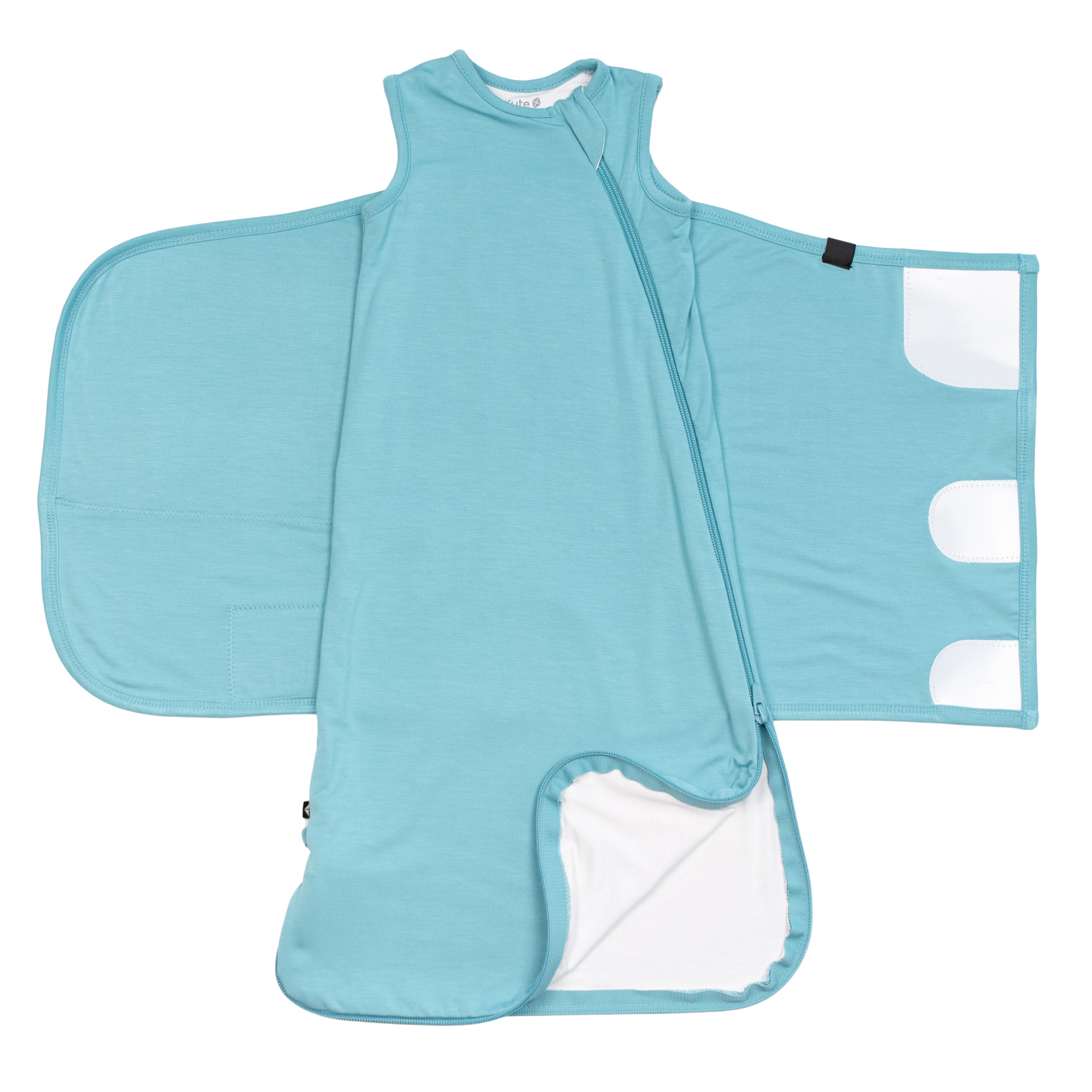 Sleep Bag Swaddler in Makai 0.5 unswaddled with bottom zipper undone