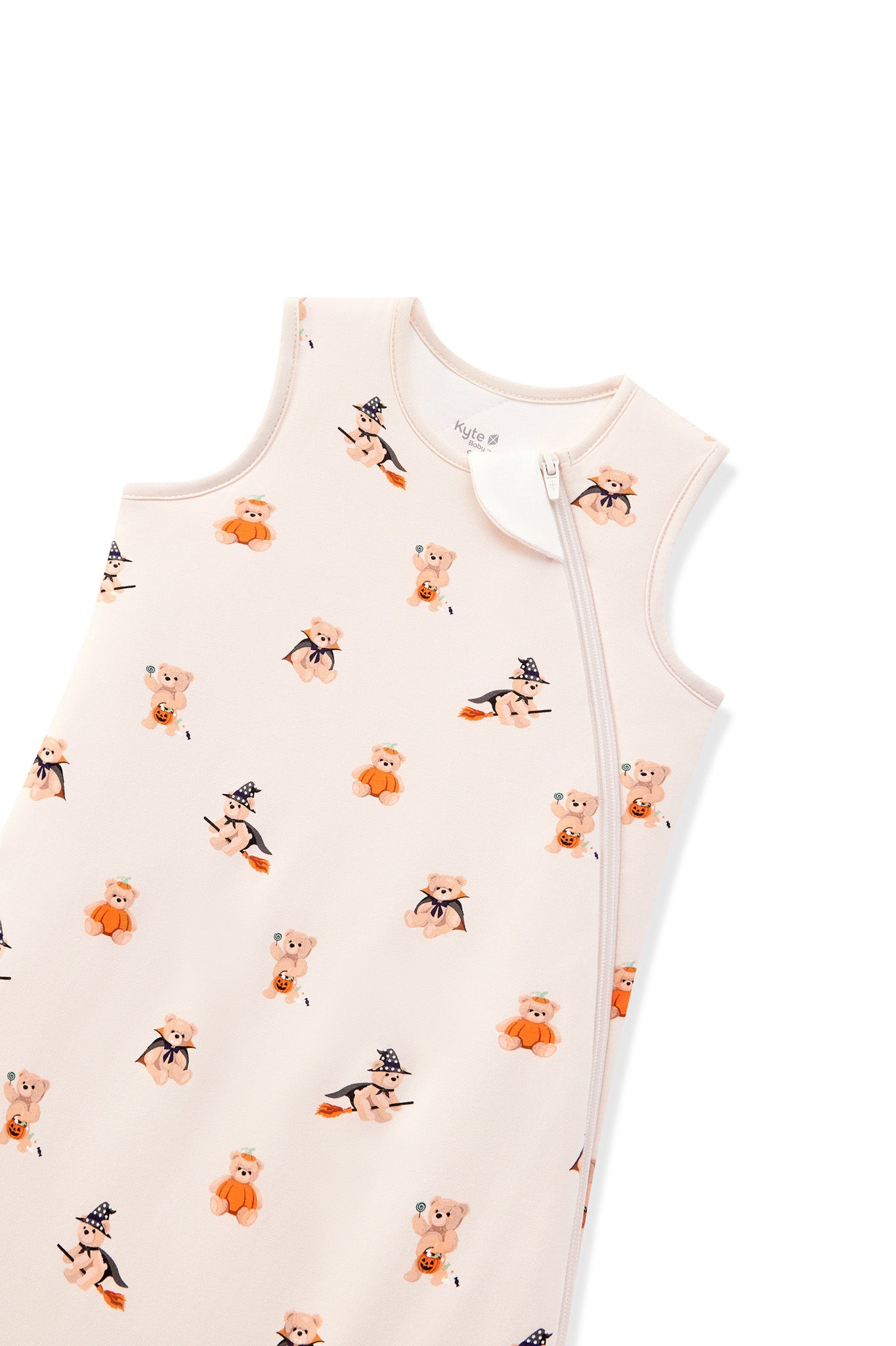 Beige Sleep Bag in Halloween Teddy 1.0 print with zipper garage on a white background