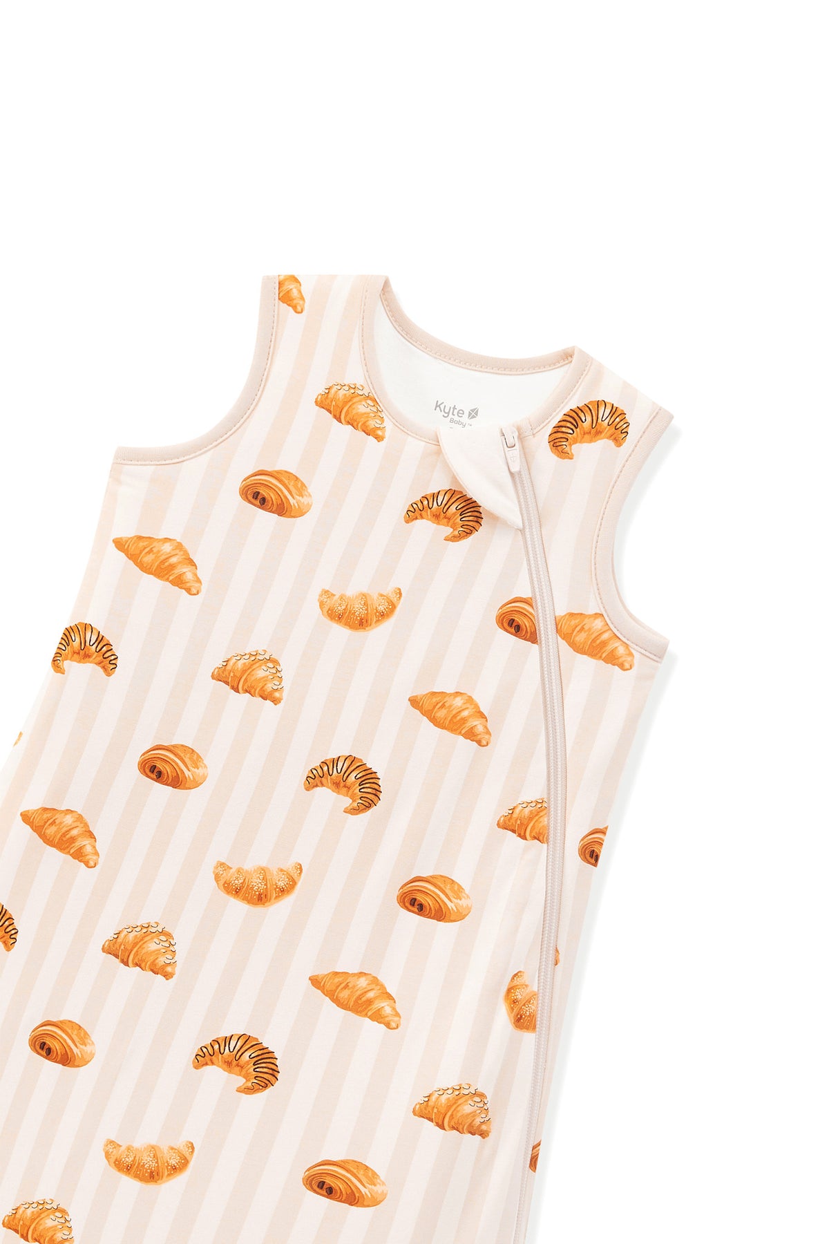 Sleep Bag in Croissant 1.0 print with zipper garage on a white background