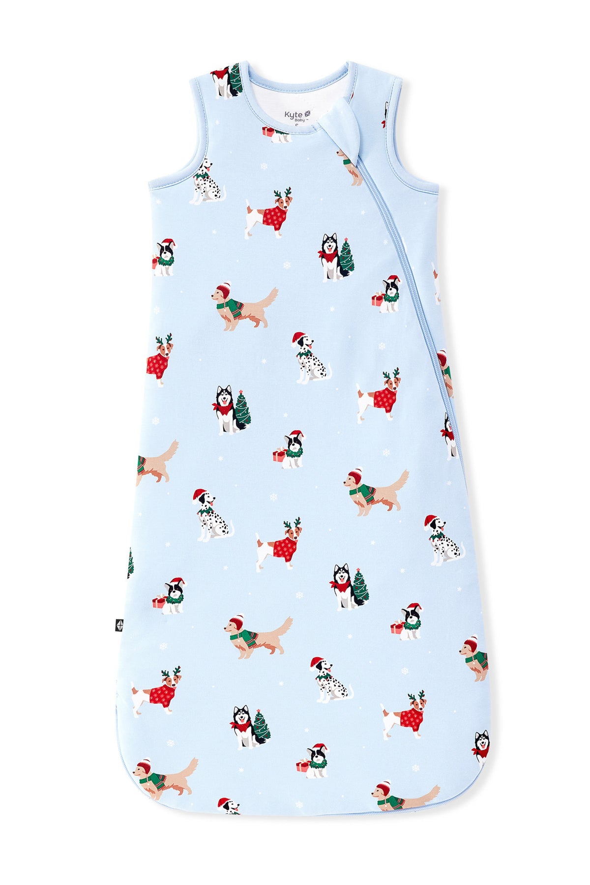 Blue Sleep Bag with Holiday Pups 1.0 print on a white background