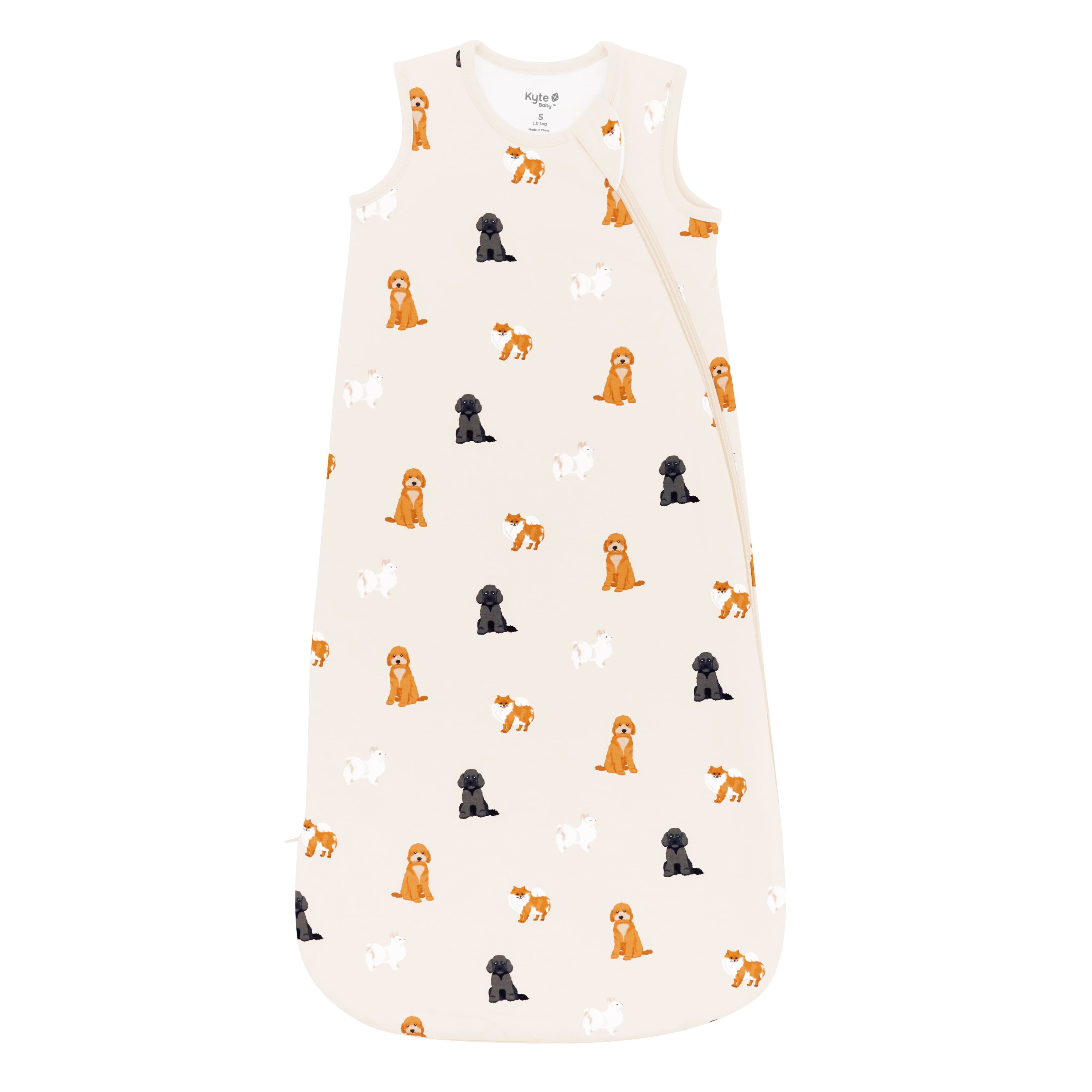 Flat lay photo of Kyte Baby Sleep Bag in Fluffy Dog 1.0