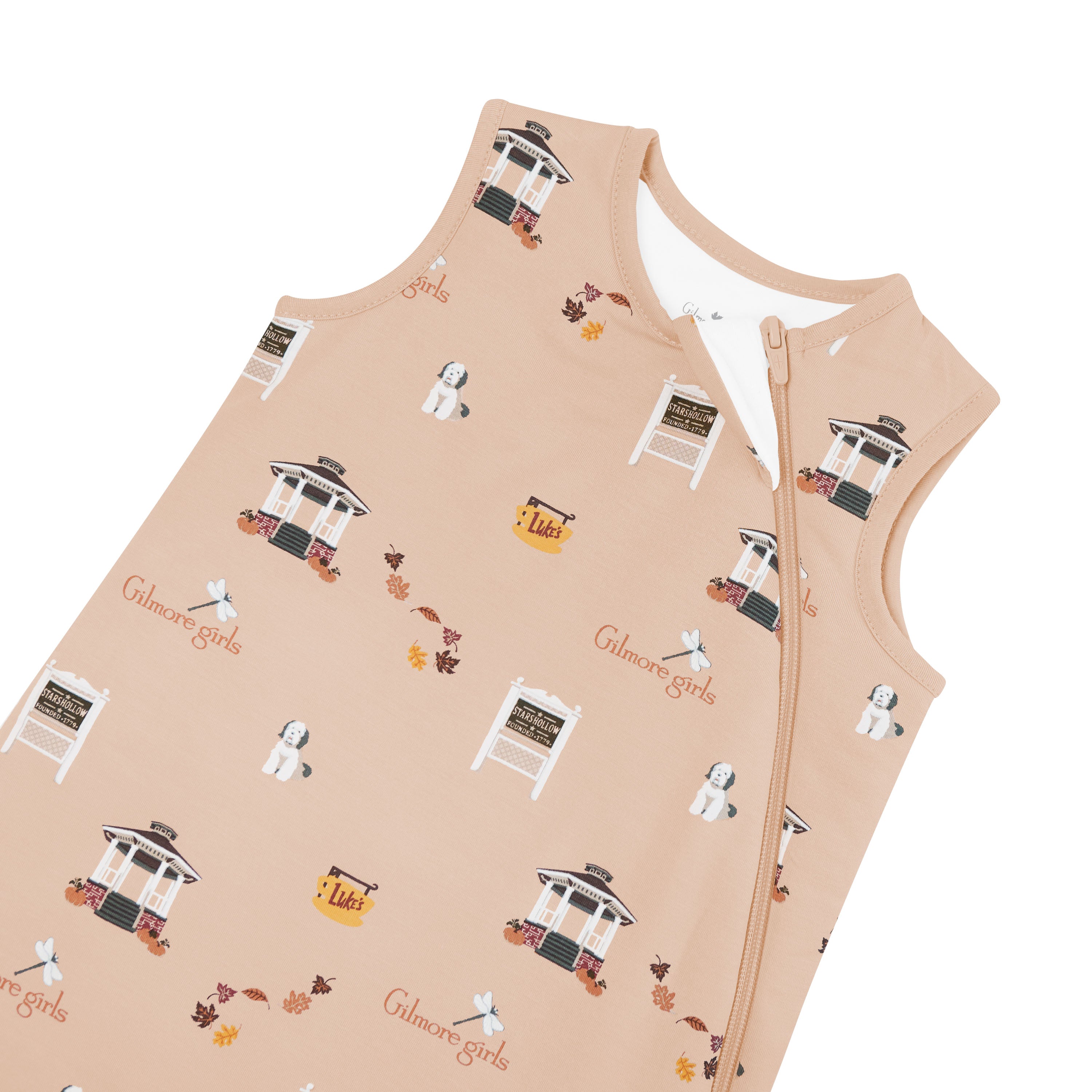 Beige baby sleep bag with Gilmore Girls pattern on a white background