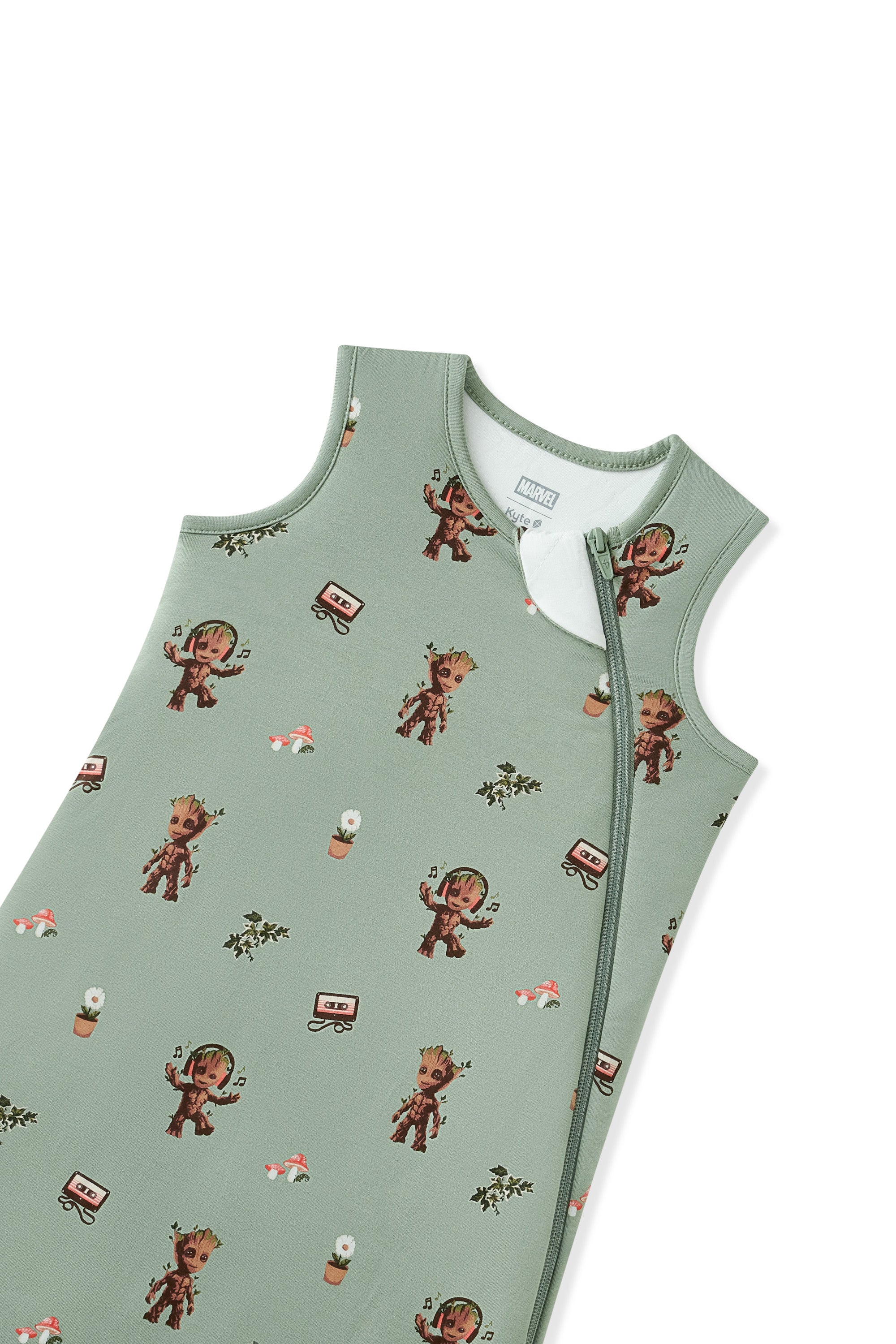 Top part of Green Sleep Bag in Groot print on white background