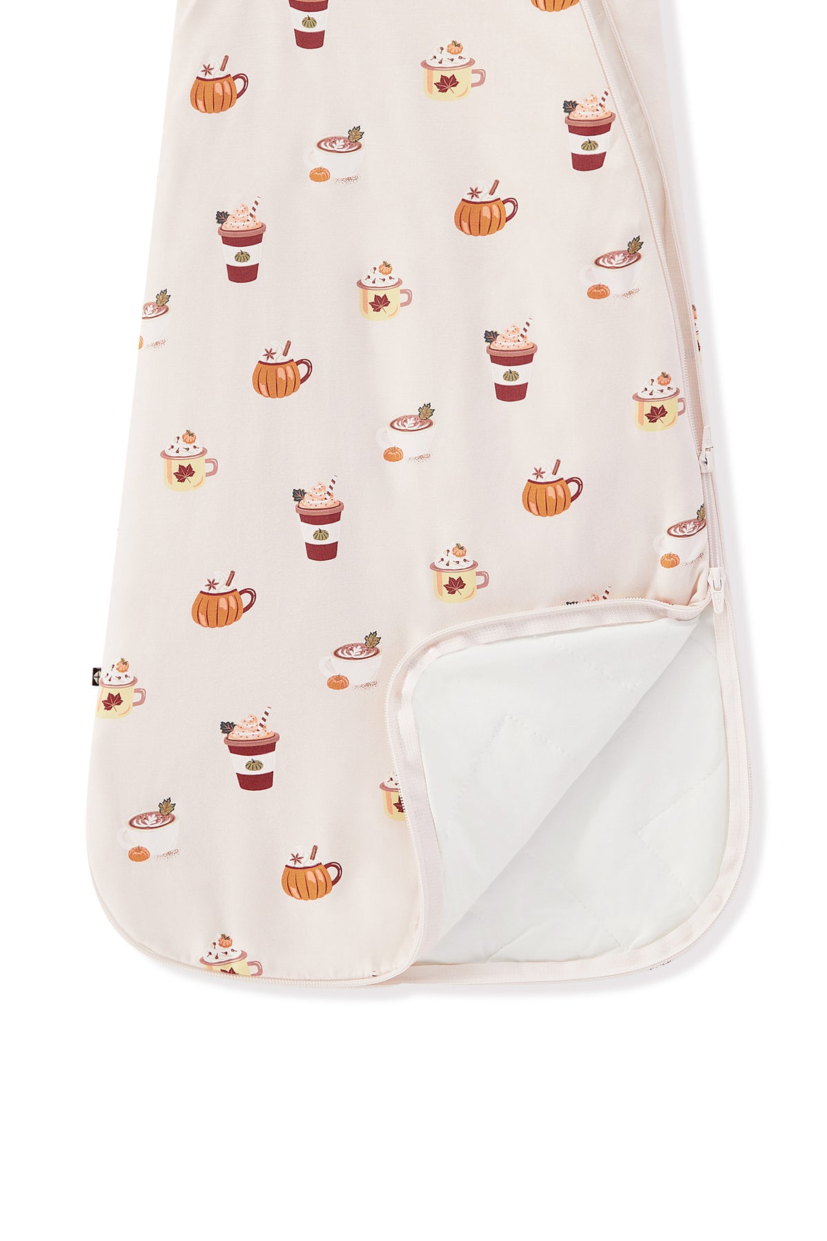 Sleep Bag in Pumpkin Spice Latte 1.0 print with dual zipper on a white background