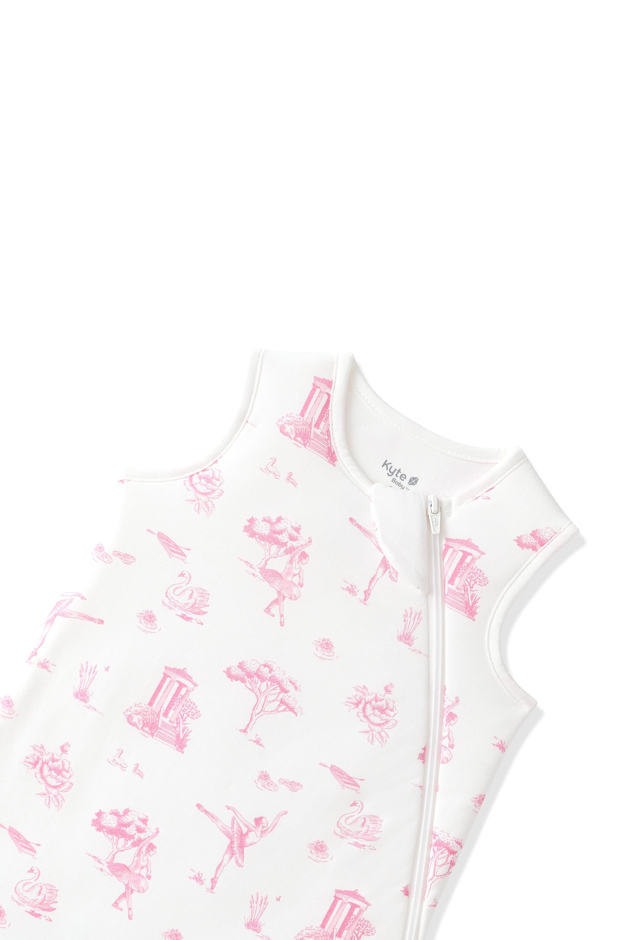 Close up of the zipper garage on the Sleep Bag in Toile Ballet 1.0