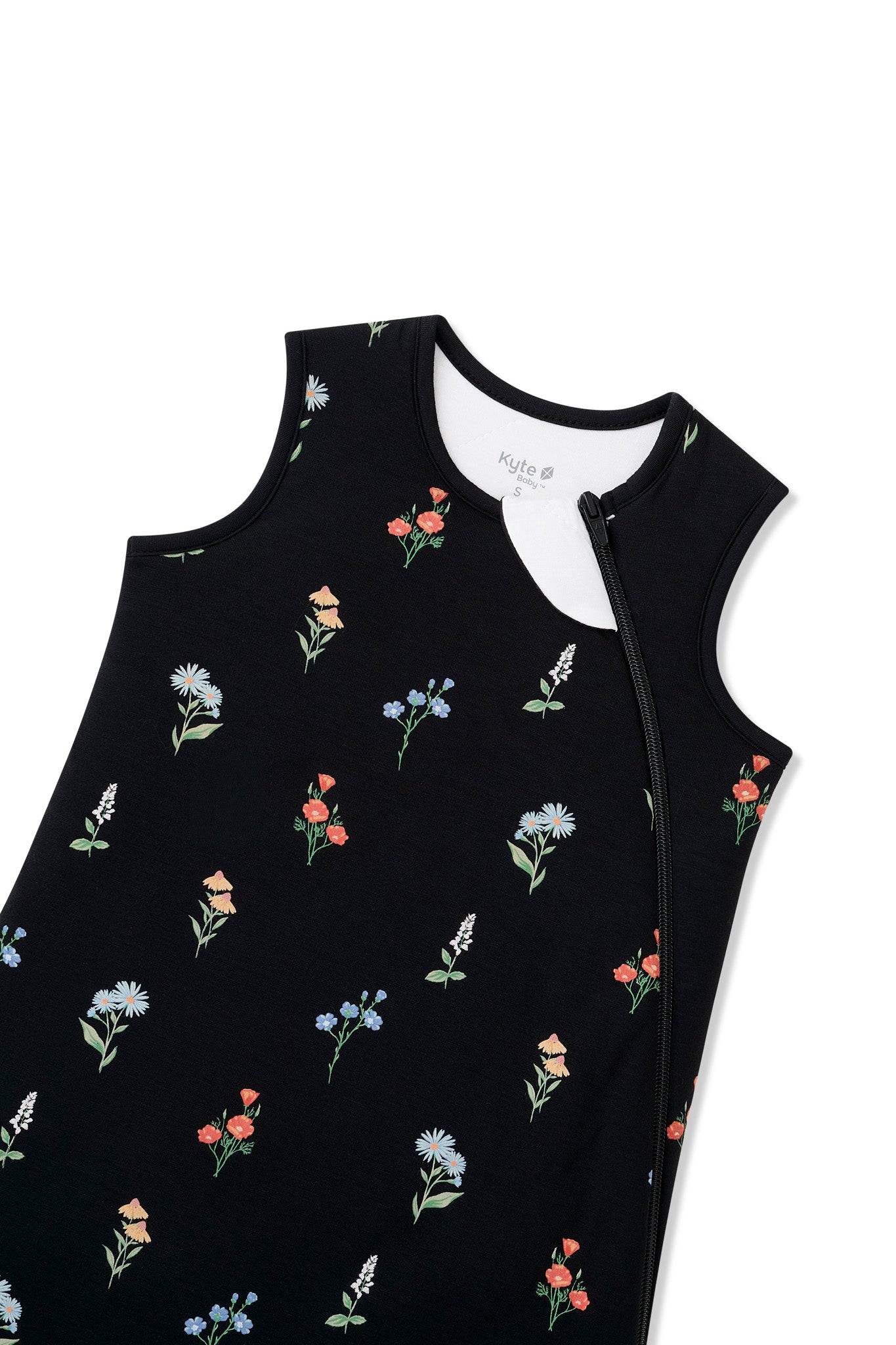 Black Sleep Bag with Wildflower 1.0 print with zipper garage on a white background