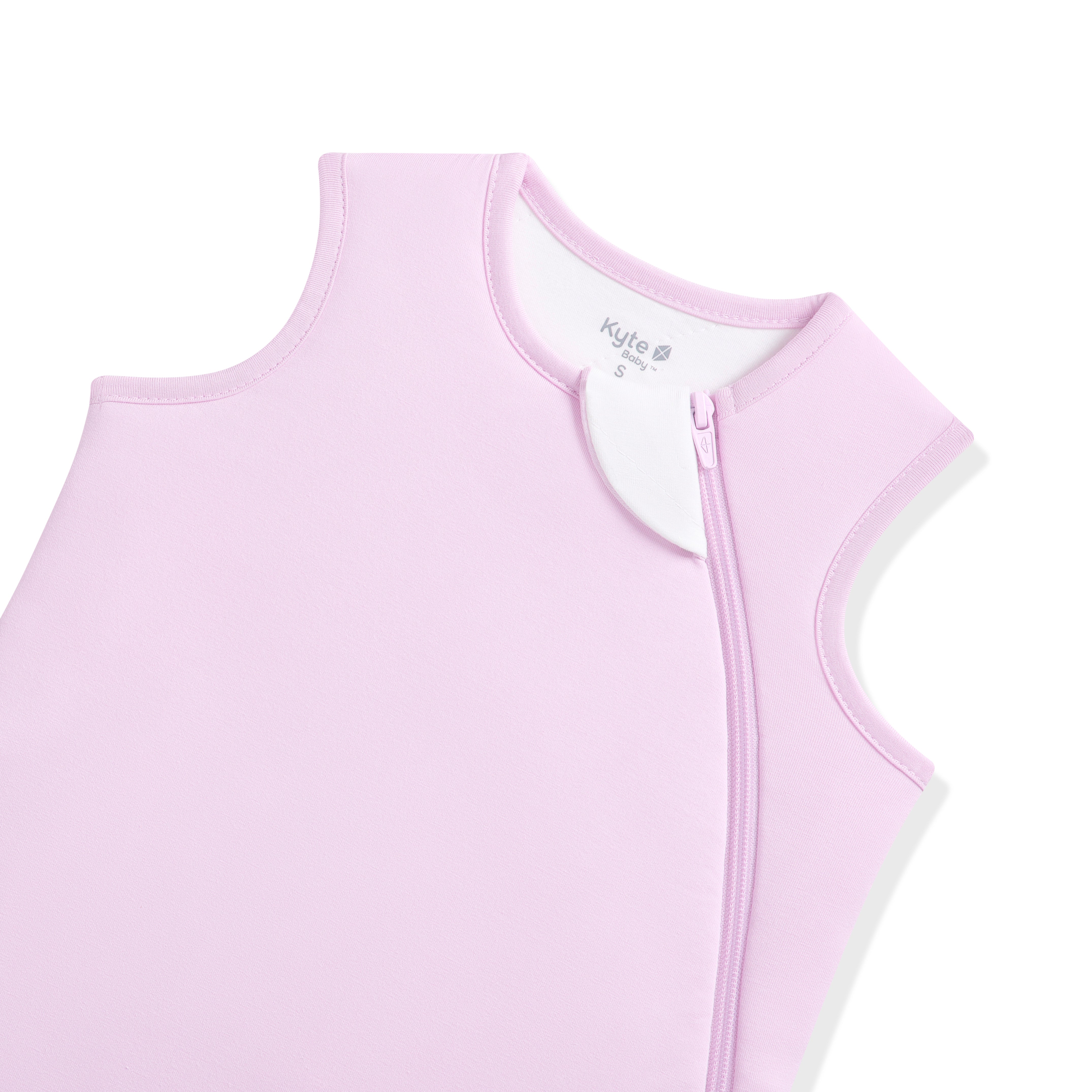 Light purple baby 1.0 tog sleep bag with a zipper on a white background