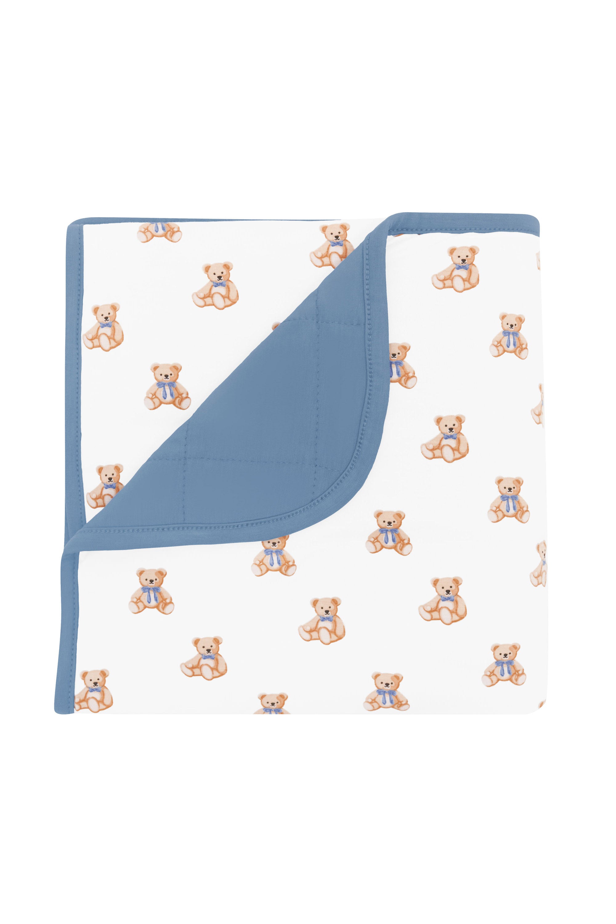 Baby blanket with teddy bear pattern and blue border on a white background