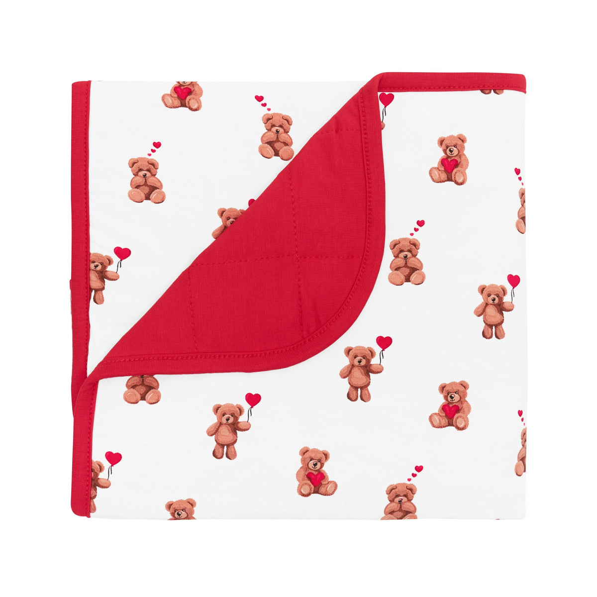 Baby Blanket in Bear Hearts 1.0 shown with the corner flipped down with the red backing shown