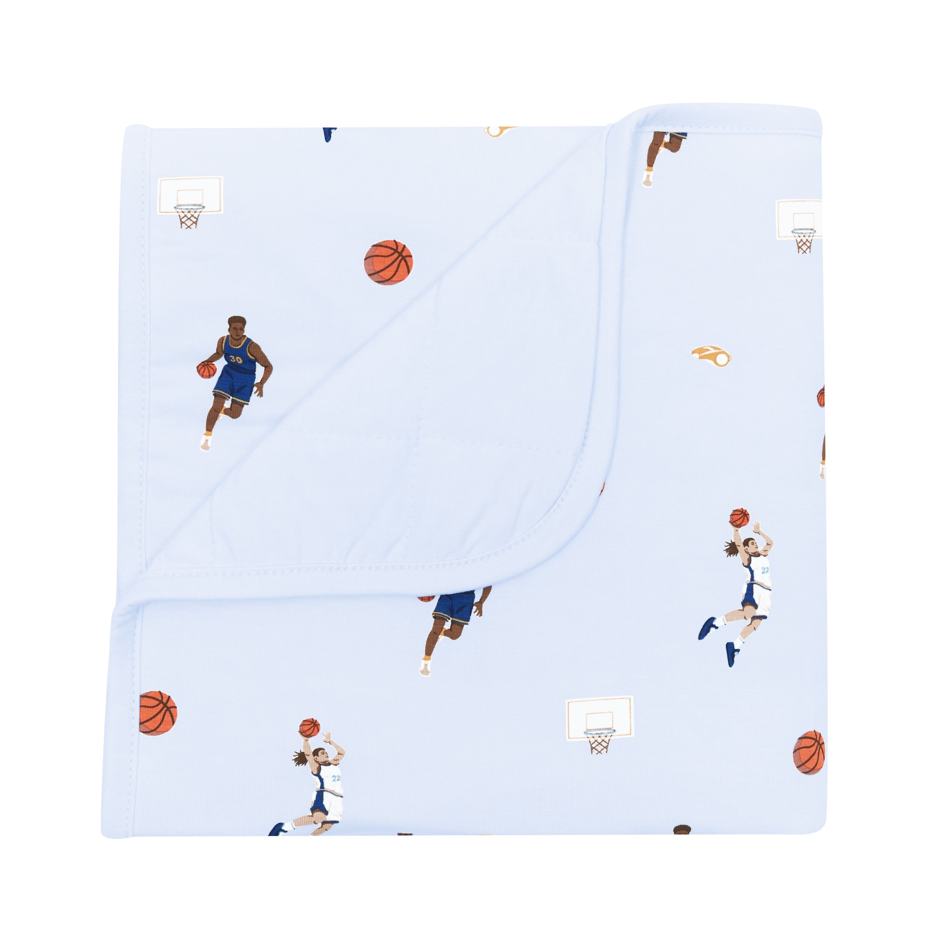 Baby Blanket in Basketball shown with the corner folded down showing the Mist colored backing