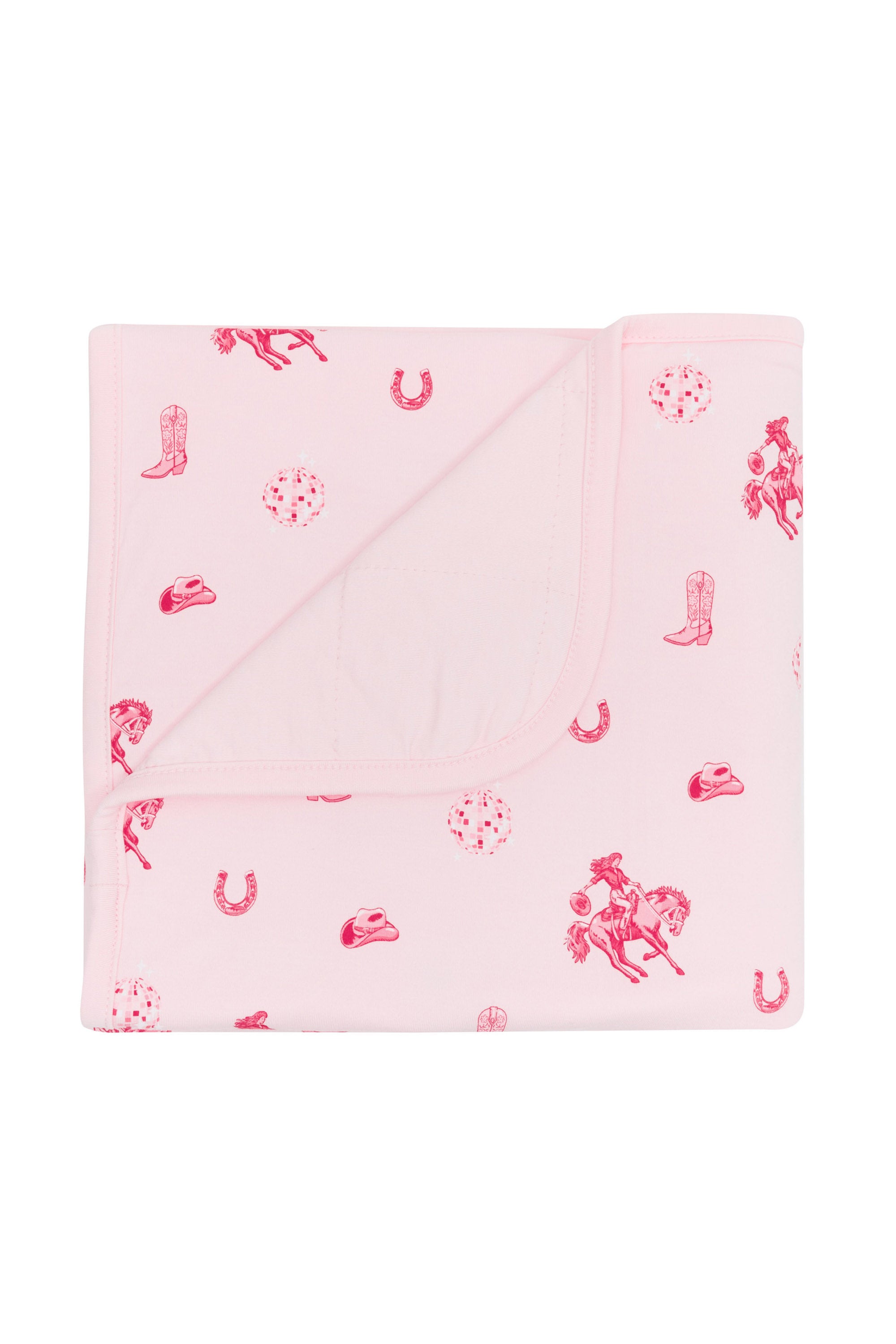 Baby Blanket in Disco Cowgirl with the corner flipped down showing the light pink backing