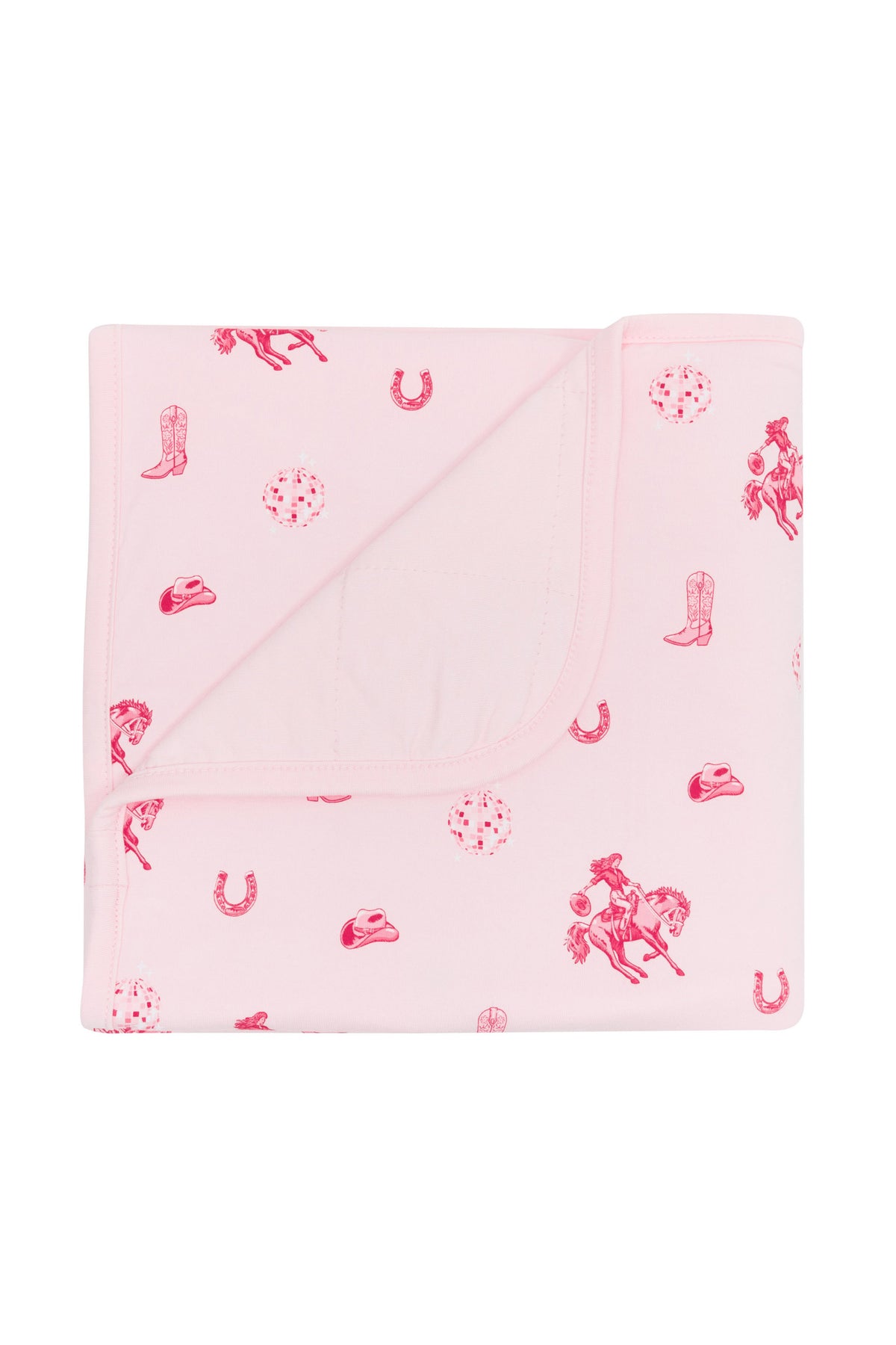 Baby Blanket in Disco Cowgirl with the corner flipped down showing the light pink backing