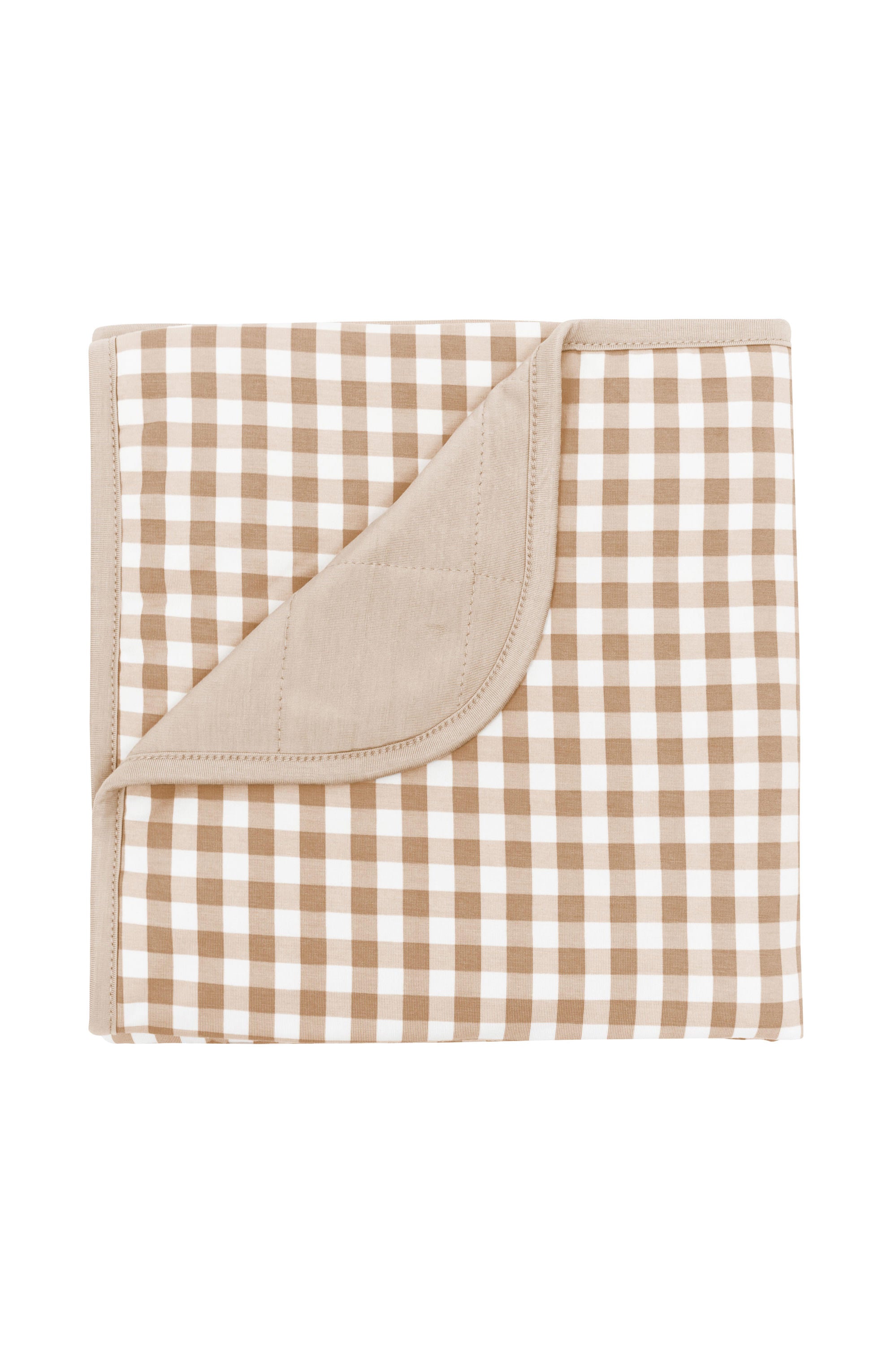 Baby Blanket in Gingham Bisque with the corner flipped down showing the Bisque colored backing