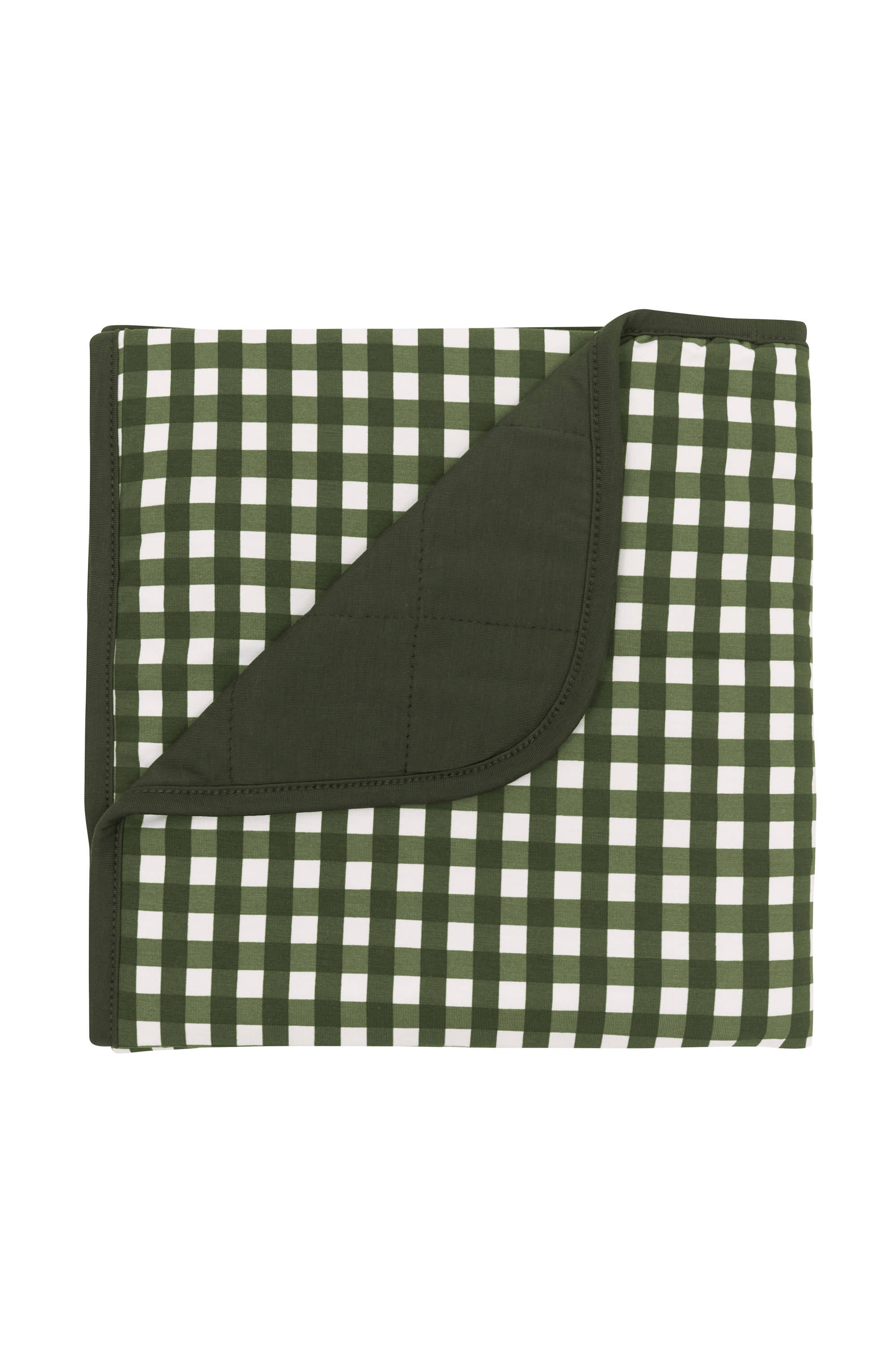Baby Blanket in Gingham Fir with the corner folded down showing the Fir colored backing