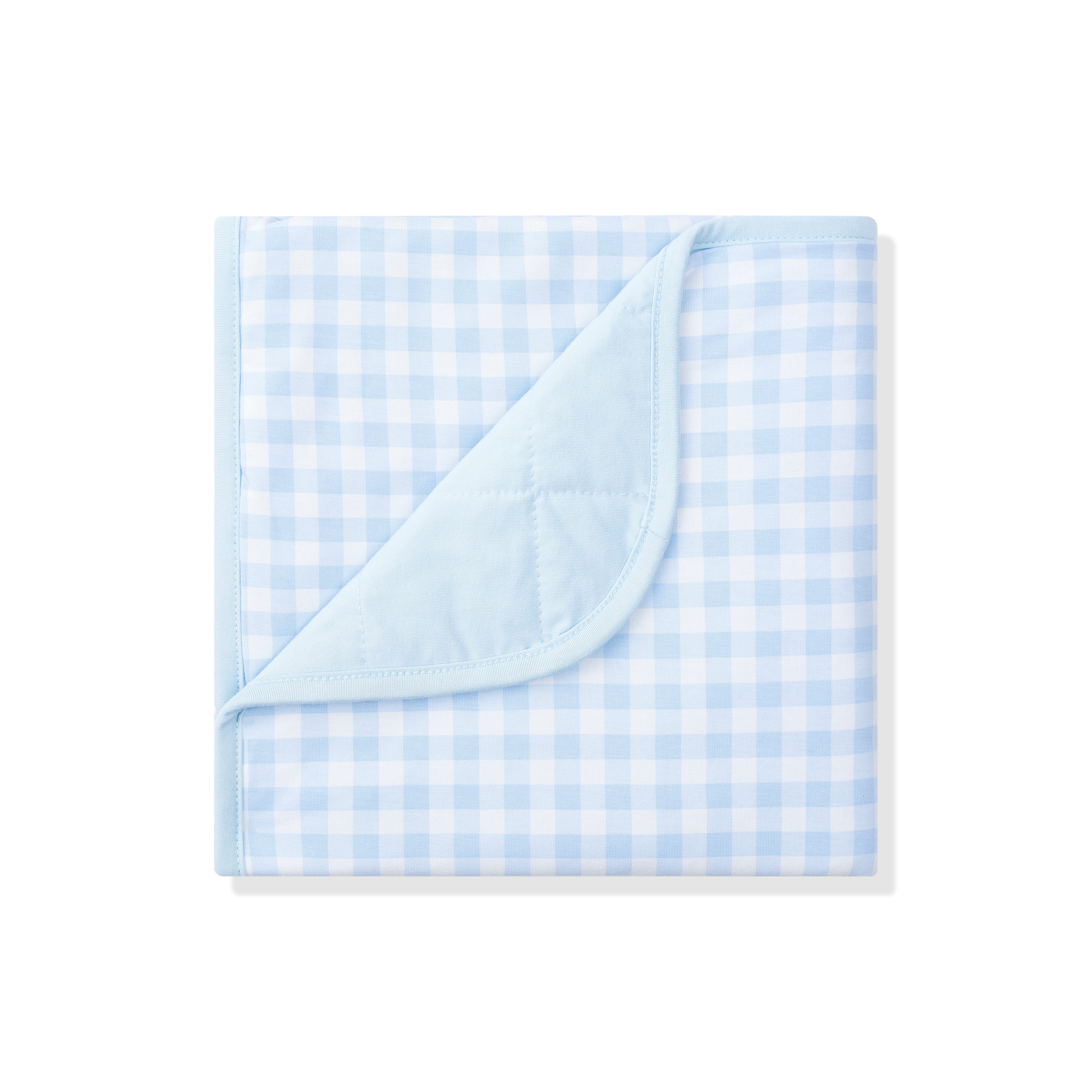 Baby Blanket in Gingham Breeze with the corner folded down showing the light blue backing