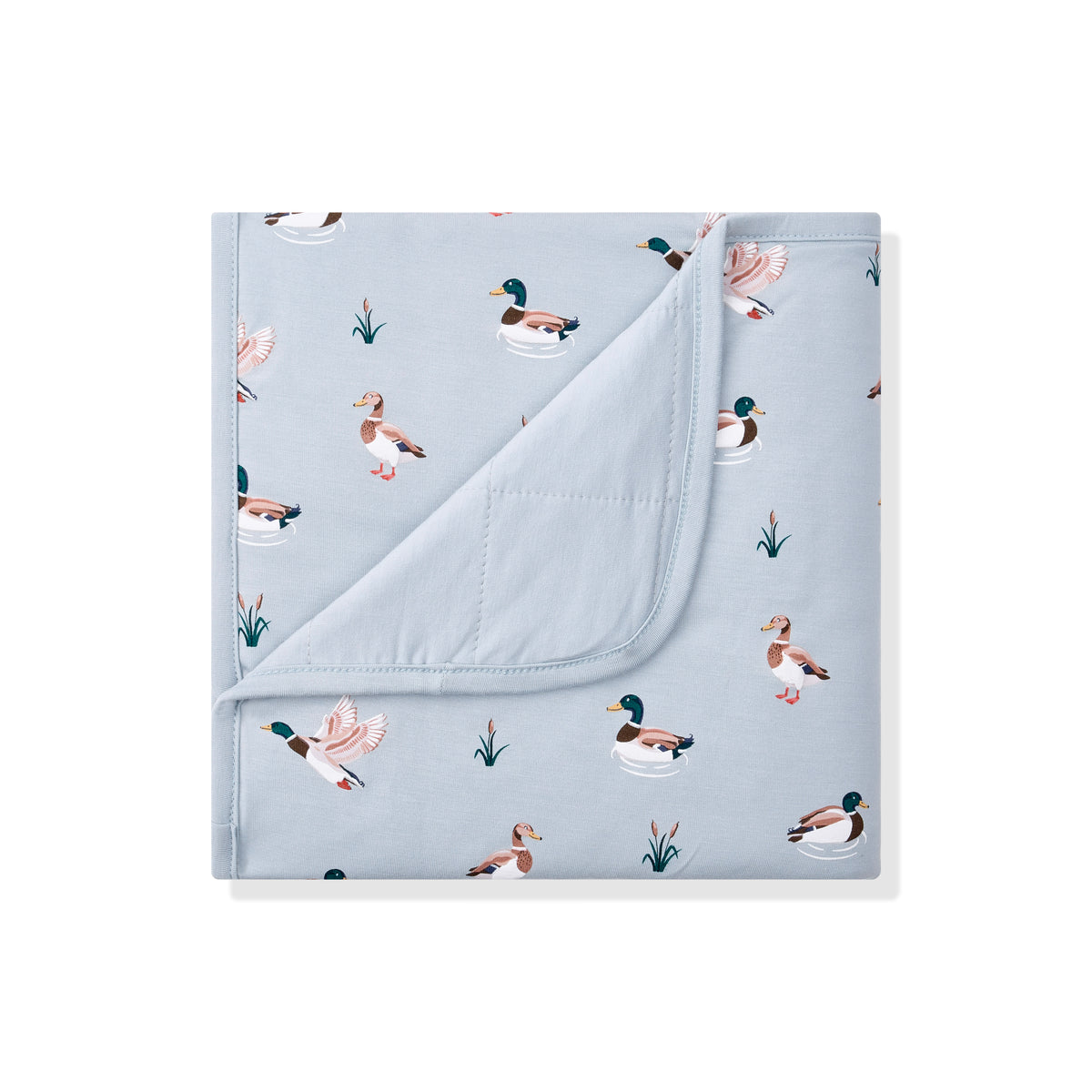Baby Blanket in Mallard Duck with the corner folded down showing the light blue backing