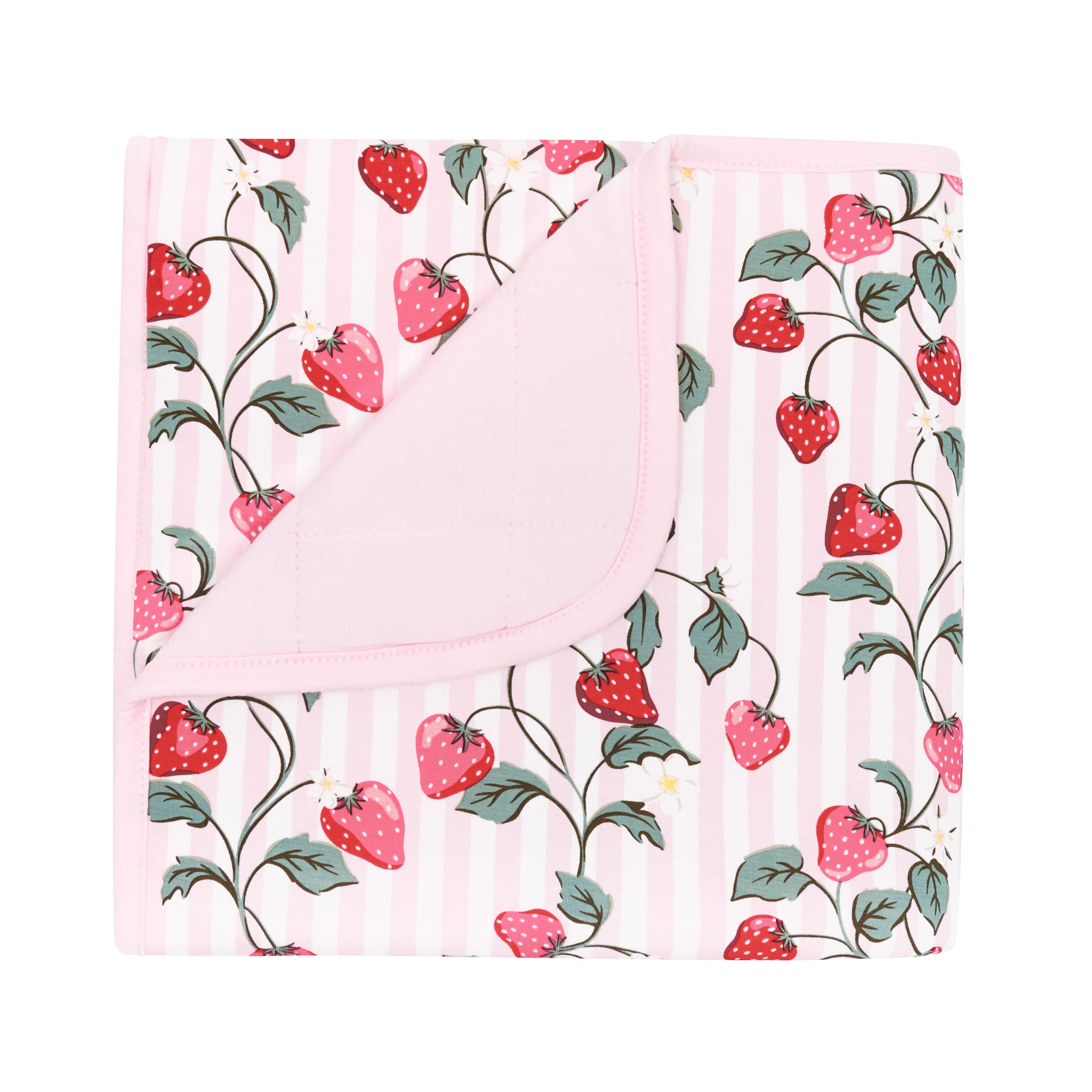 Product photo of the Baby Blanket in Strawberry Fields 1.0 showing the corner flipped down showing the light pink backing