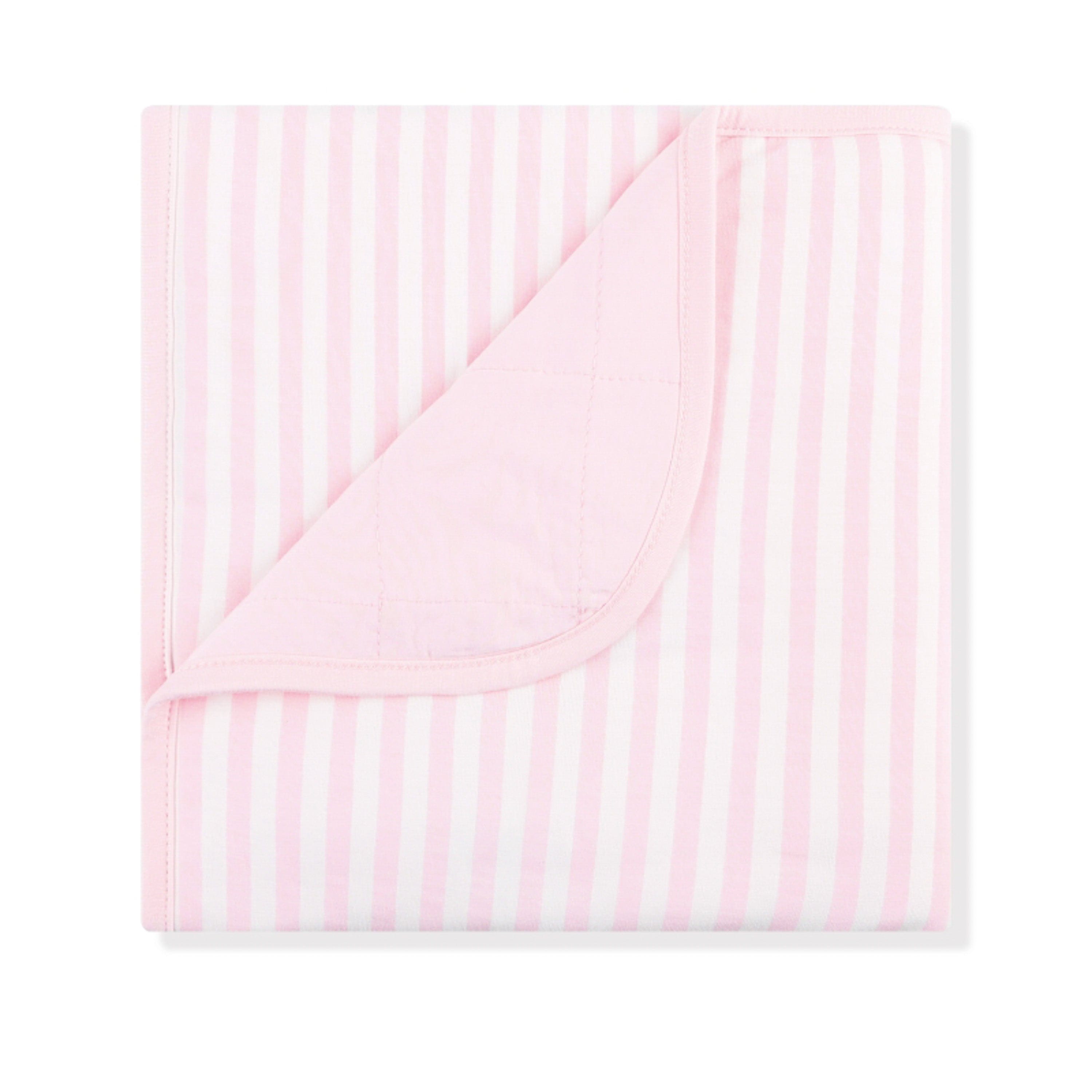 Product photo of the Baby Blanket in Small Sakura Stripe 1.0 with the corner flipped down showing the light pink backing
