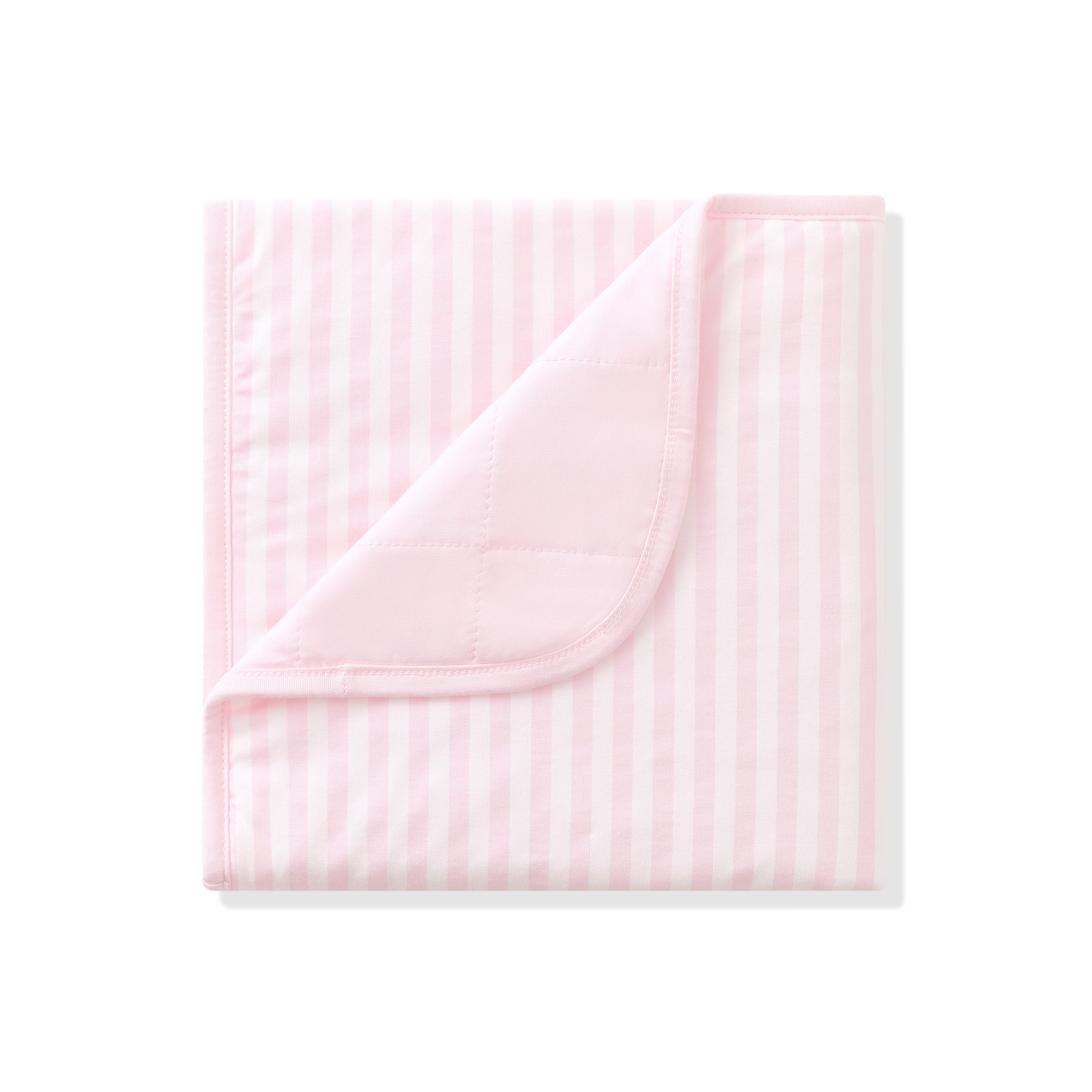 Product photo of the Baby Blanket in Small Sakura Stripe 1.0 with the corner flipped down showing the light pink backing