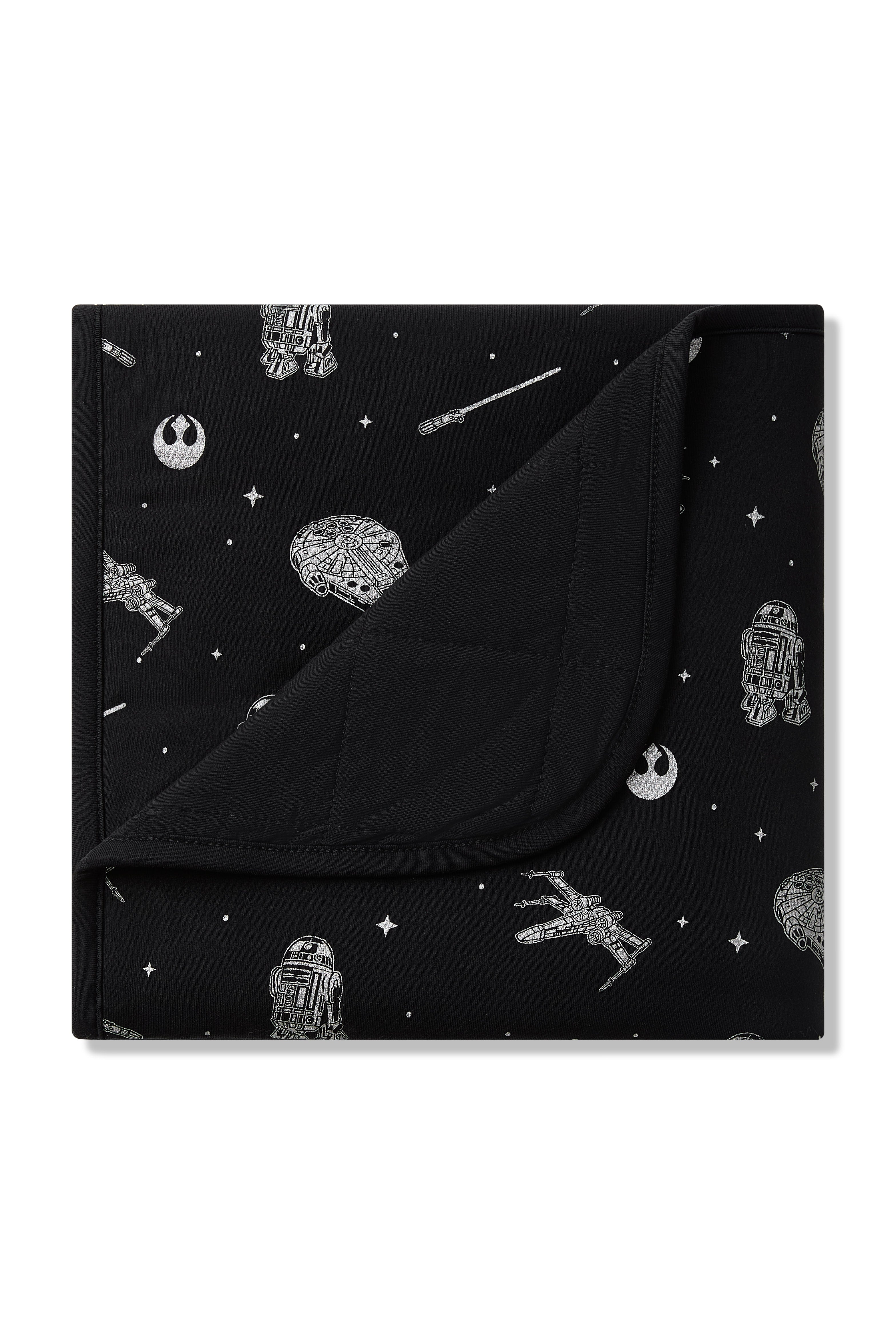 Baby Blanket in STAR WARS™ with the corner of the blanket folded down showing the black quilted backing