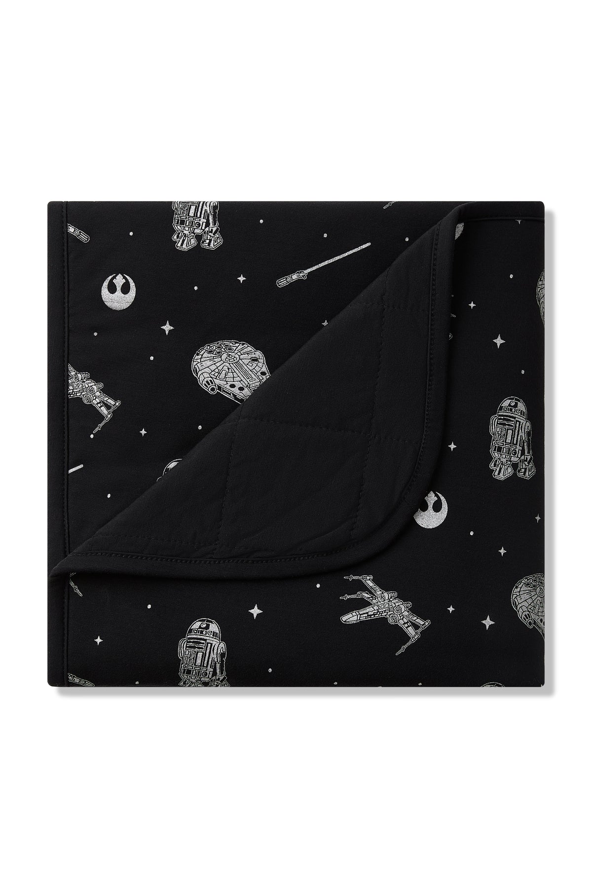Baby Blanket in STAR WARS™ with the corner of the blanket folded down showing the black quilted backing