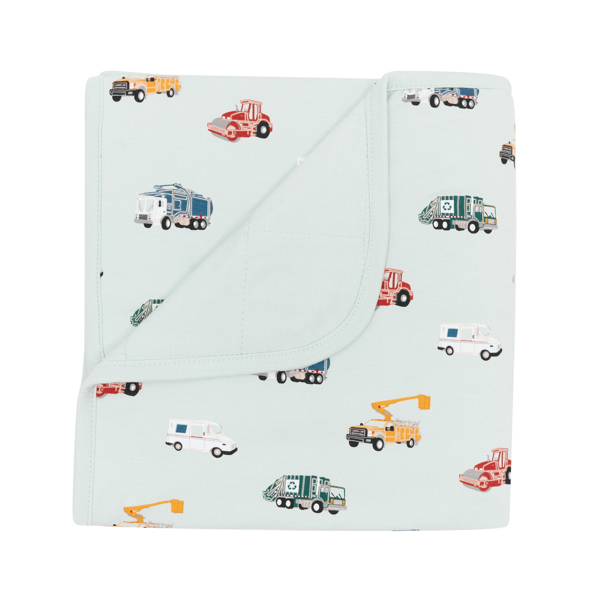 The soft and breathable Baby Blanket in City Vehicles 1.0 with the corner folded down showing the Dew colored backing