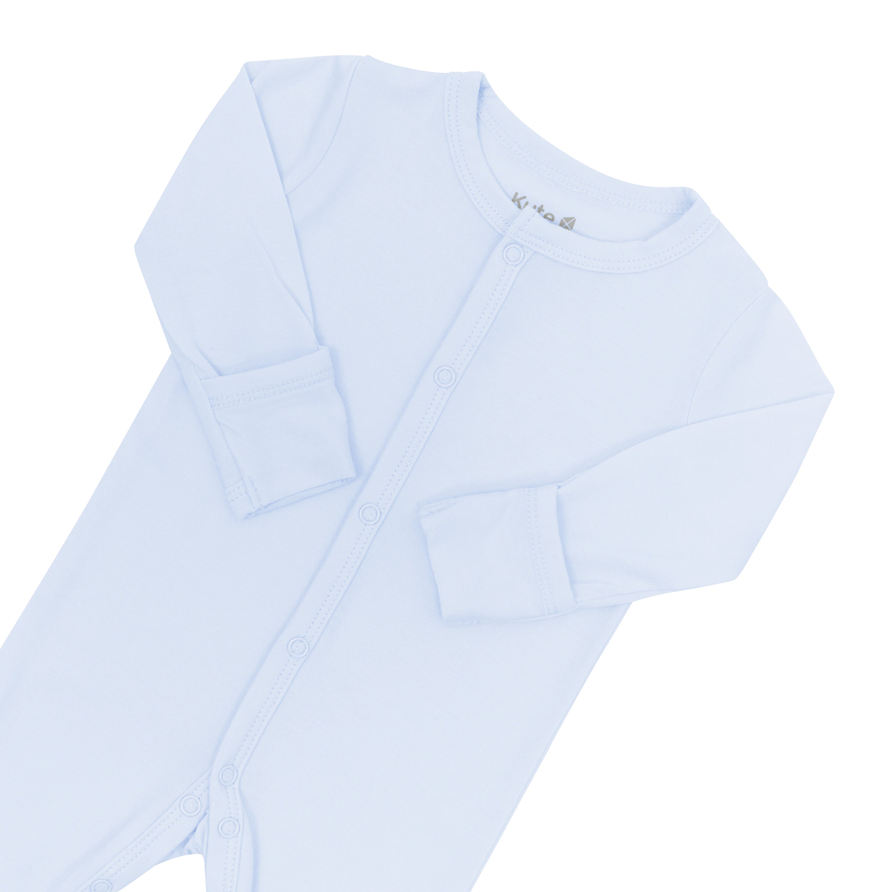 Close up of snap closures and fold over cuffs on the Footie in Mist