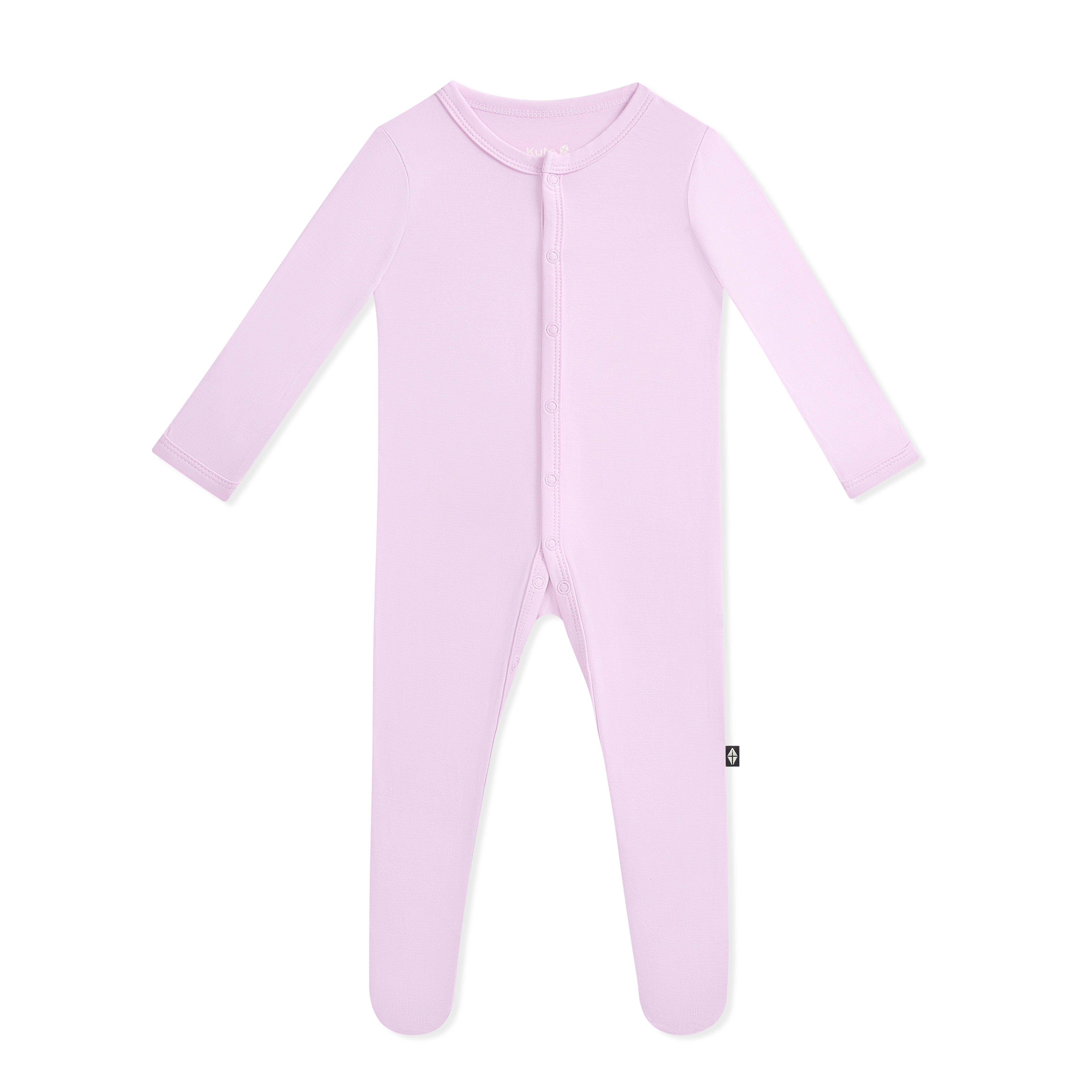 Purple baby footed onesie with snaps on a white background