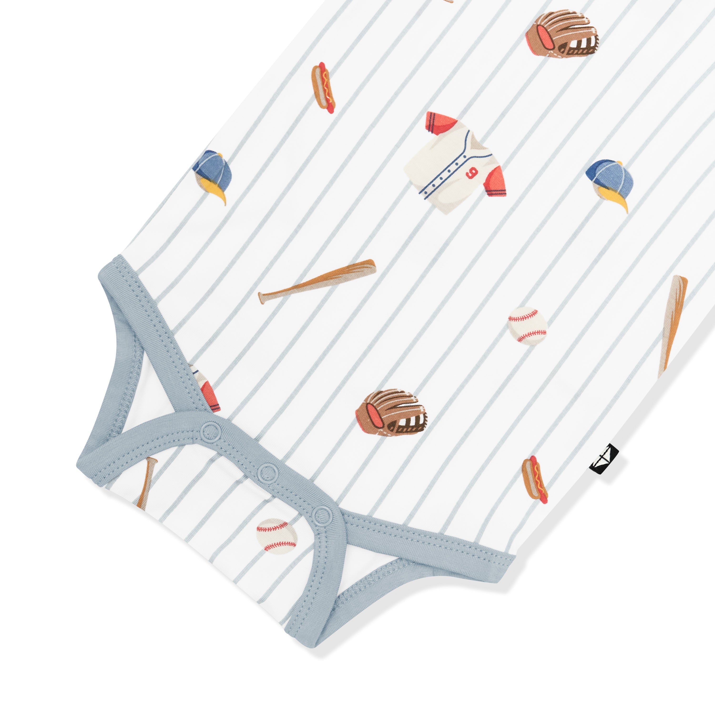 Close up of the snap closure and muted blue trim on the Bodysuit in Home Run