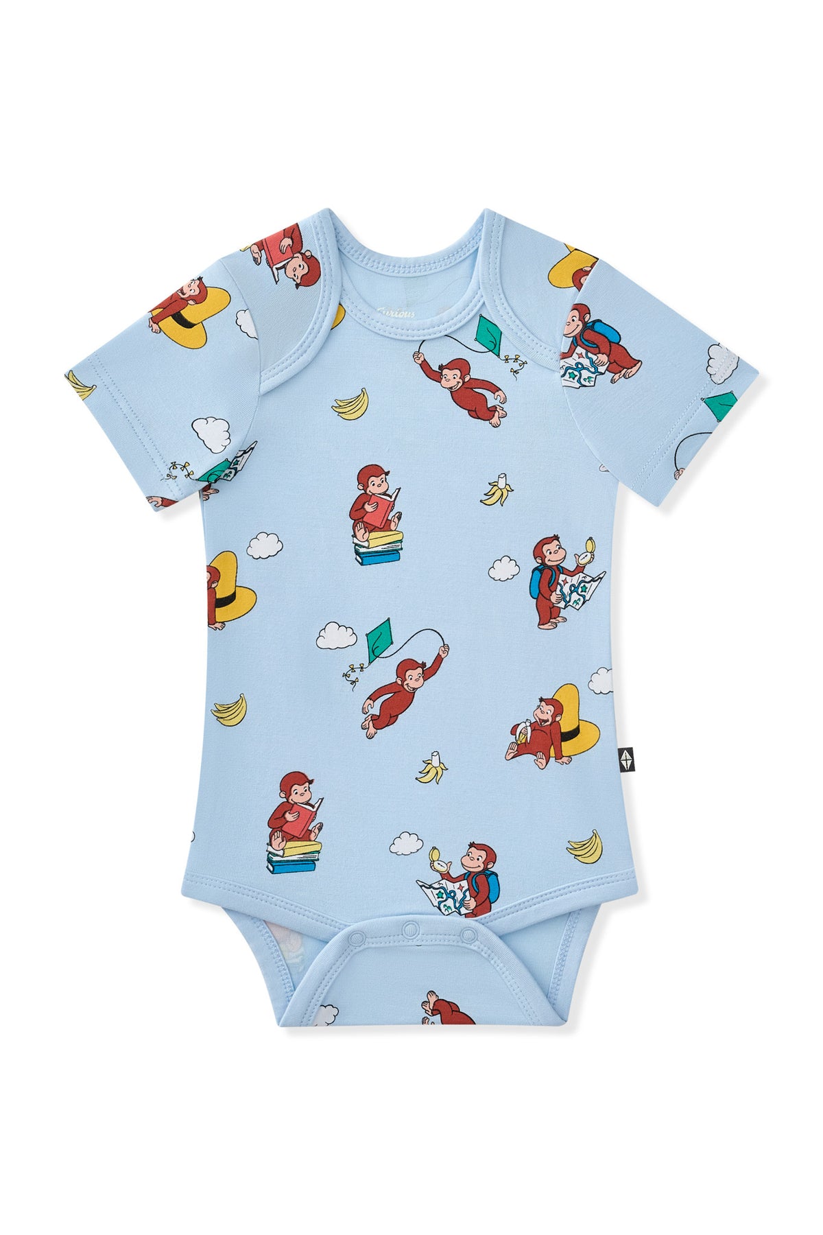 Blue Bodysuit in Curious George print on a white background