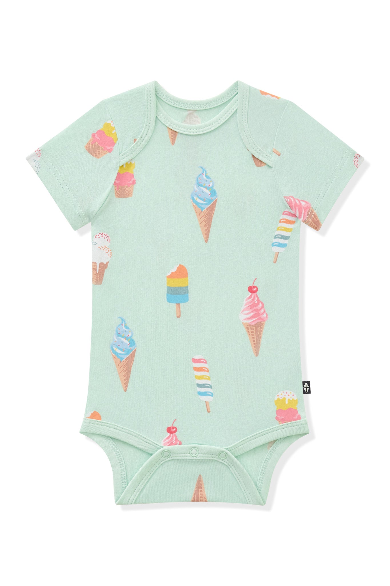 Green Bodysuit with Ice Cream print on it on white background