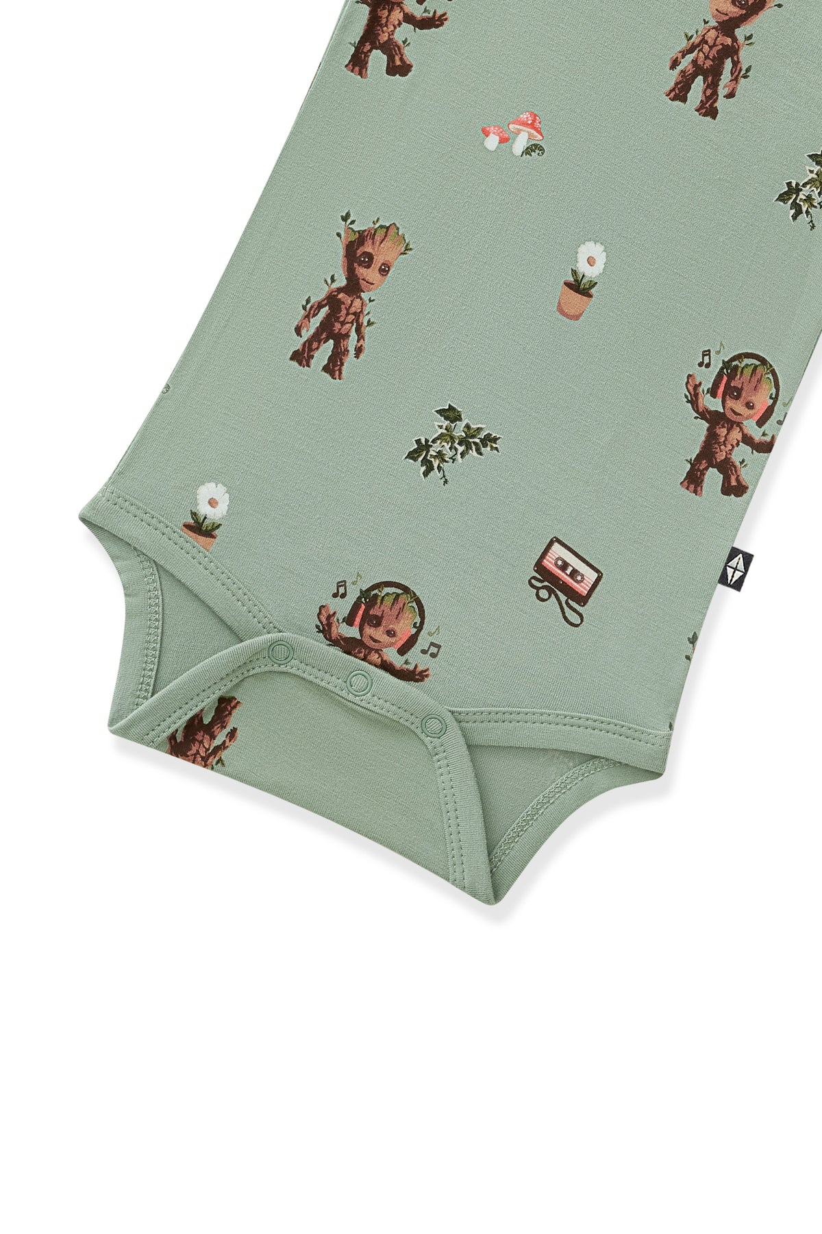 Bottom part snap buttons on Green Bodysuit with Groot print on white background