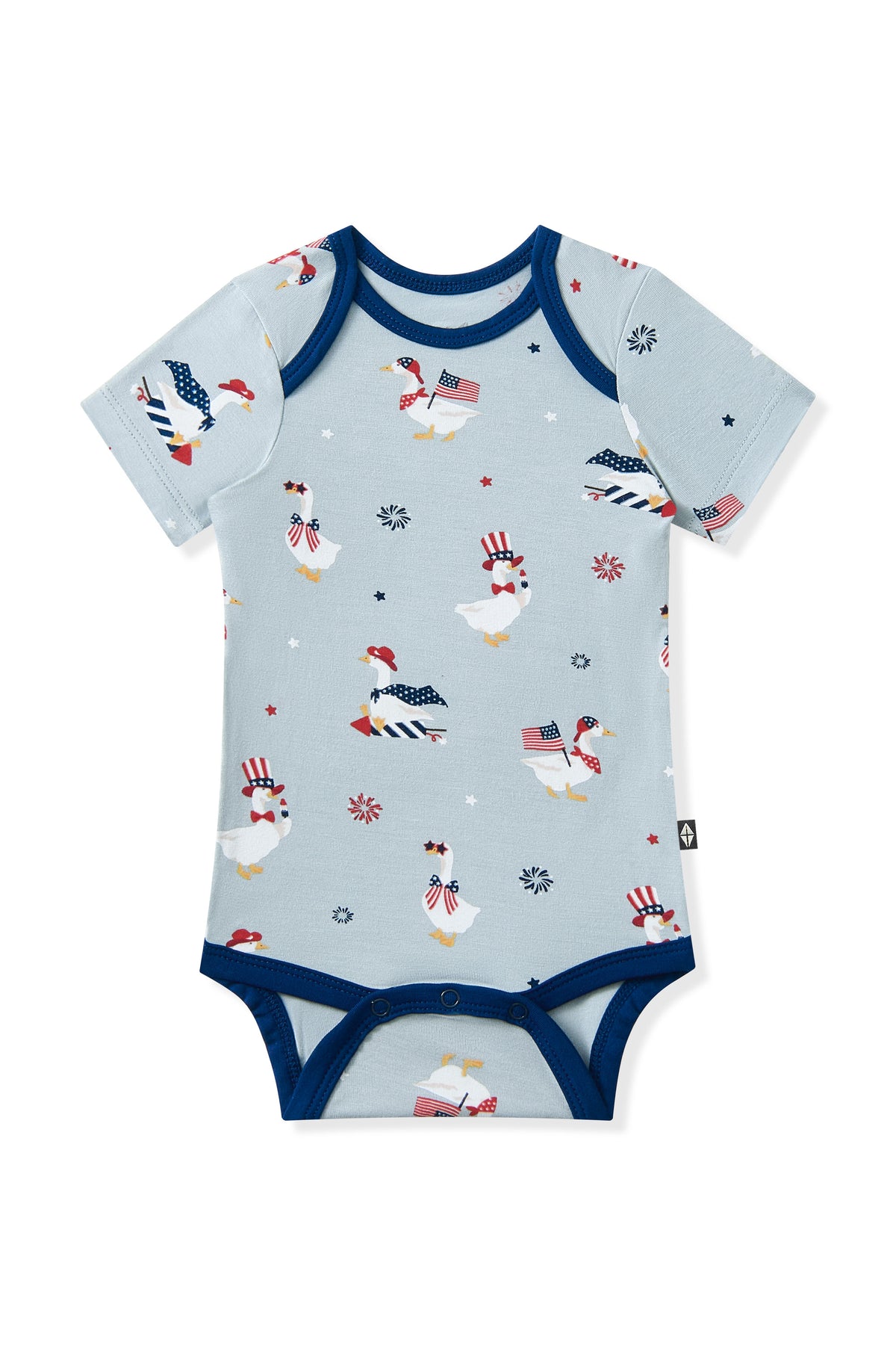 Short sleeve bodysuit in Patriotic Goose print on light blue fabric with navy trim on a white background