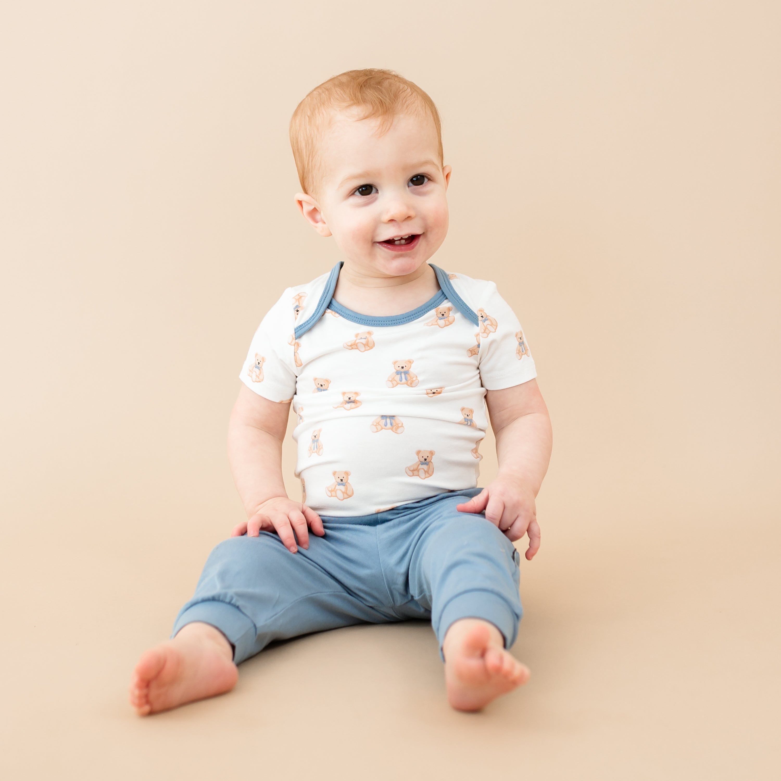 Young toddler wearing Bodysuit in Teddy Bear and Slate Pant