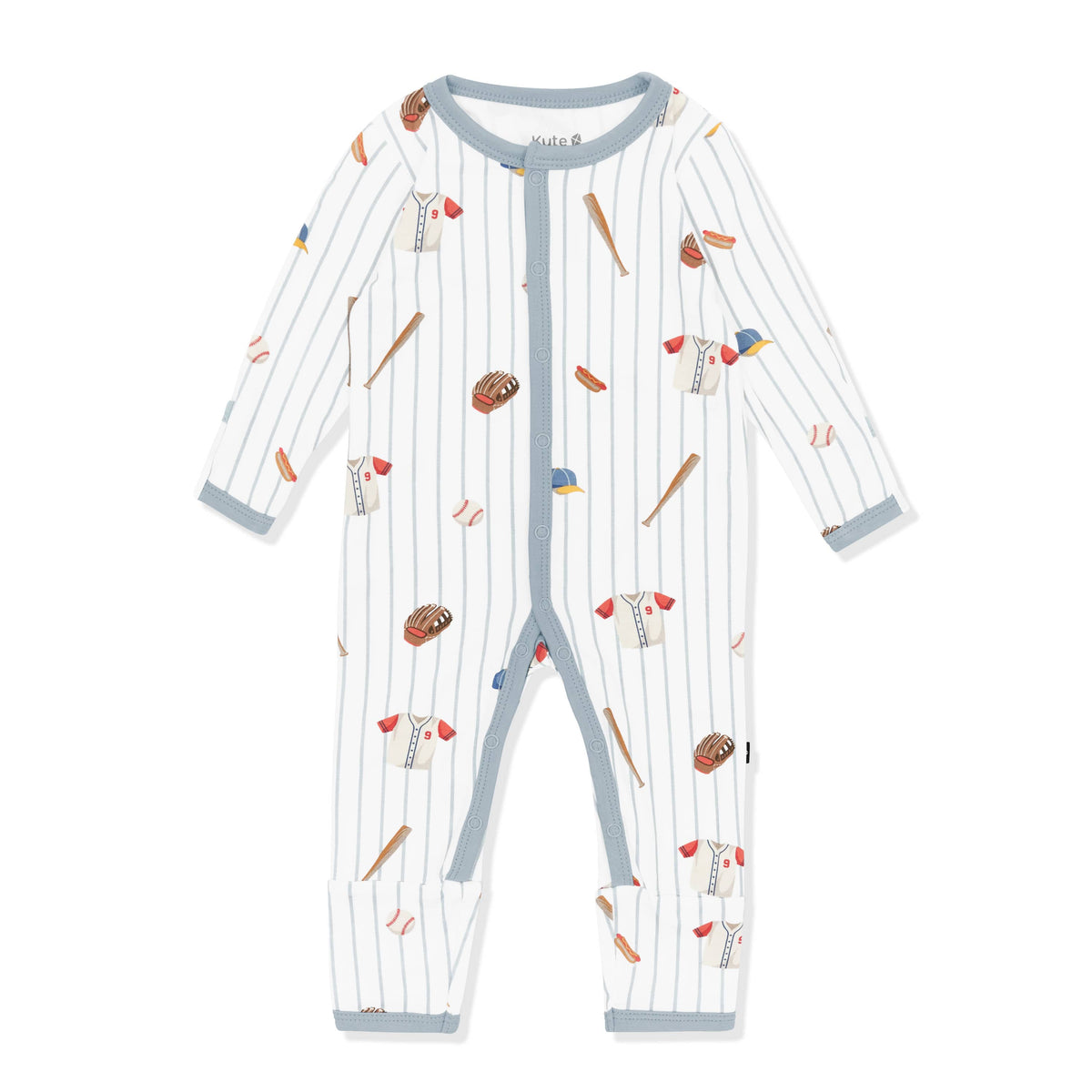 Romper in Home Run with the muted blue trim laying on a white surface