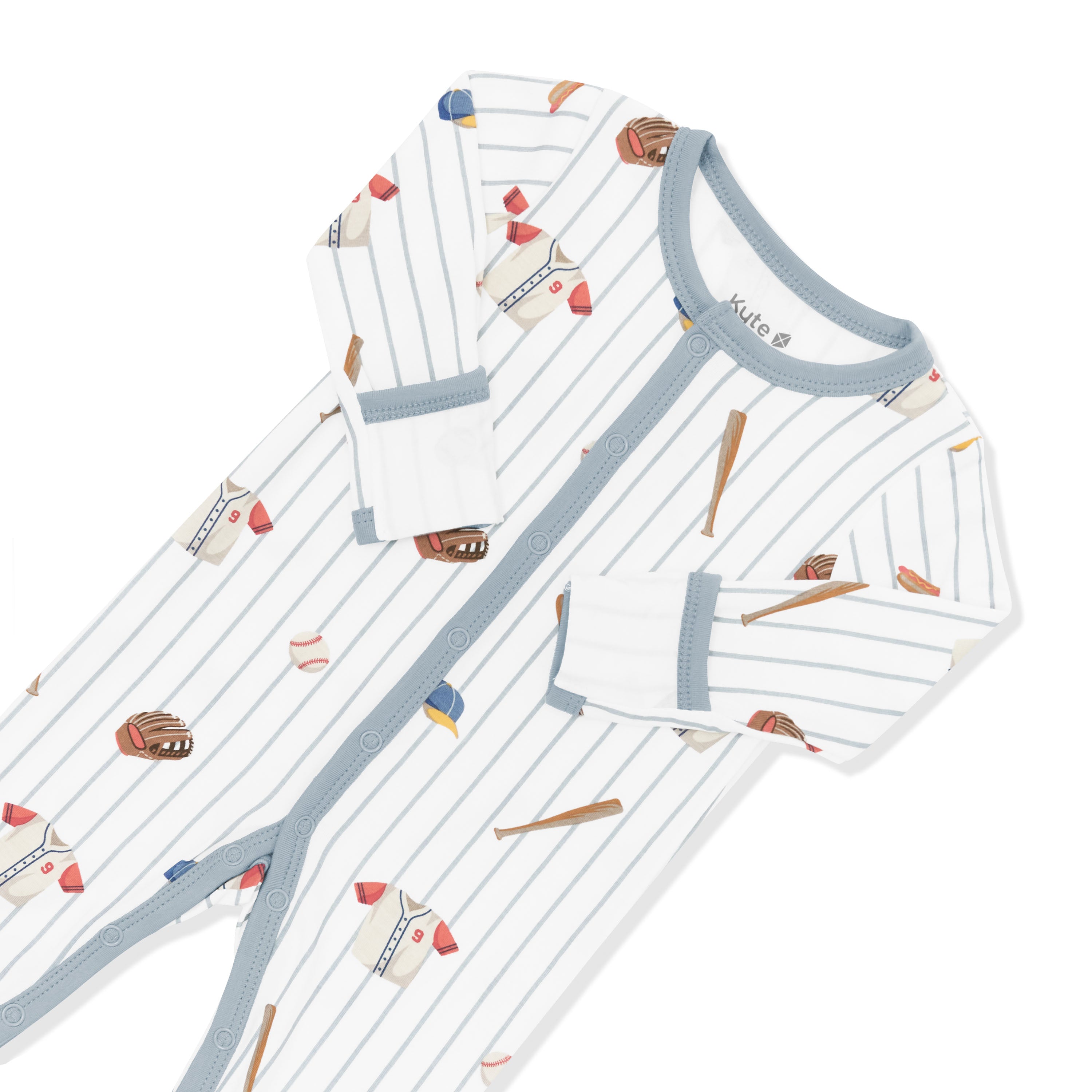 Snap closure and fold over hand cuffs on the Romper in Home Run