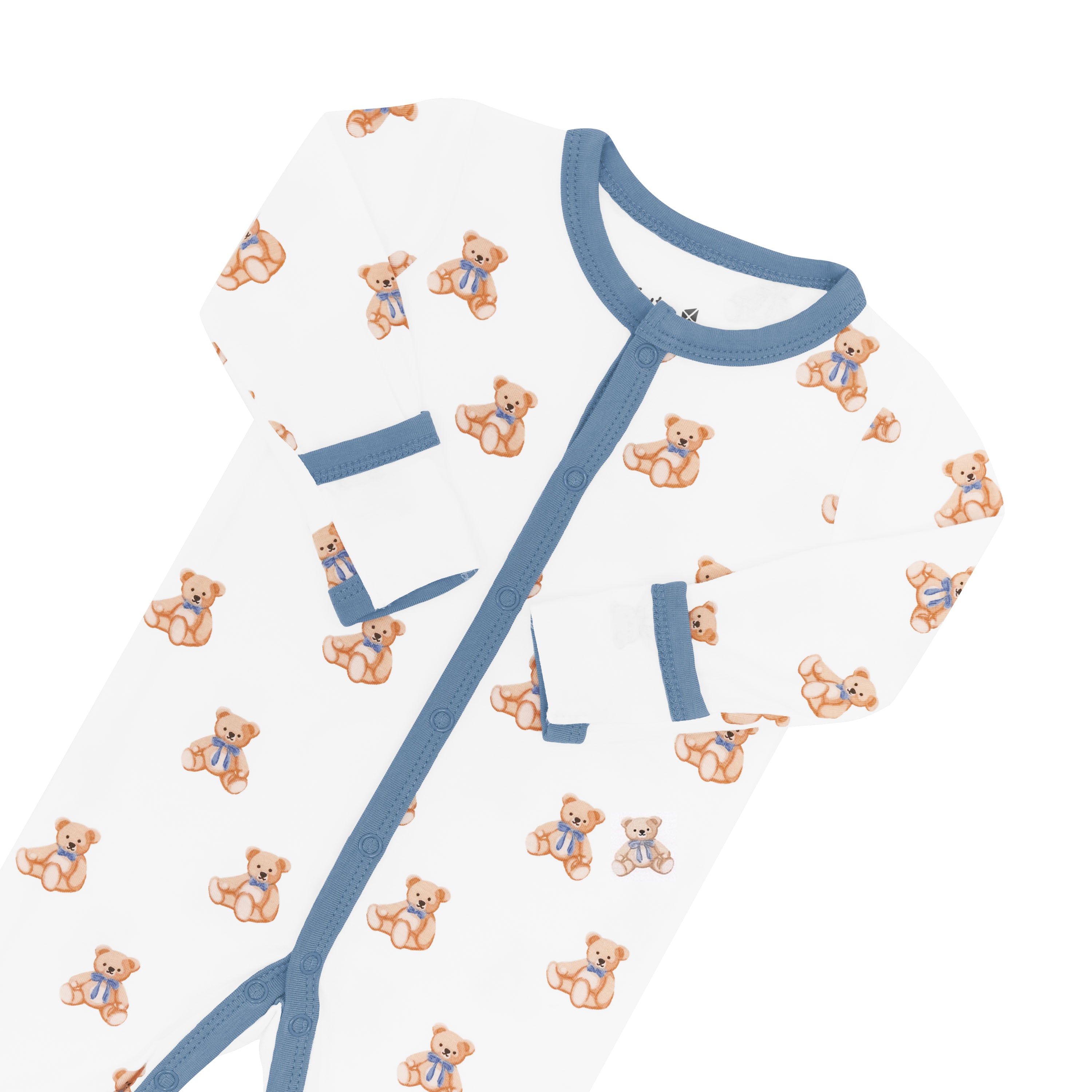 Close up of the Slate Trim and snap closures on the Romper in Teddy Bear