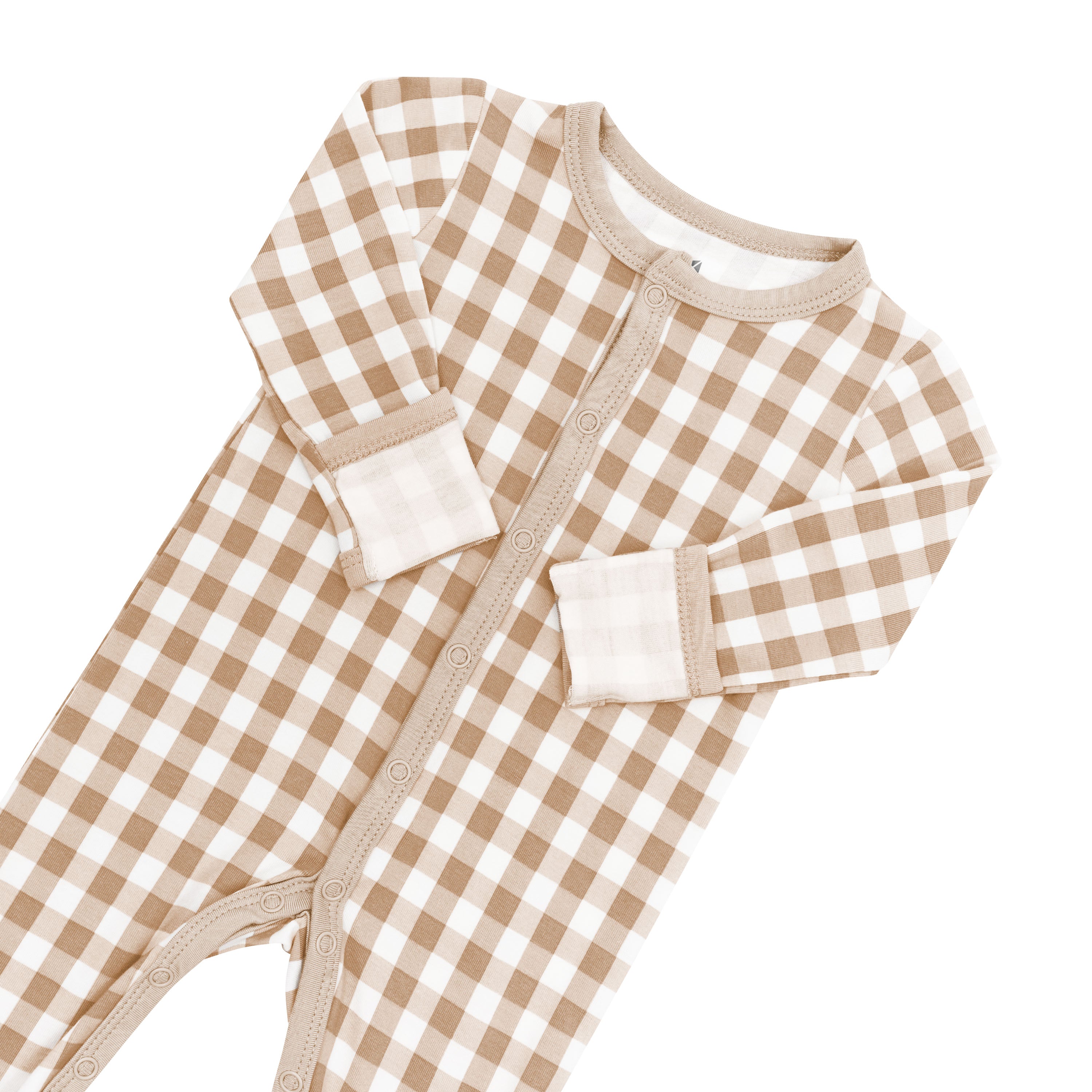 Snap closure and fold over hand cuffs shown on the Romper in Gingham Bisque