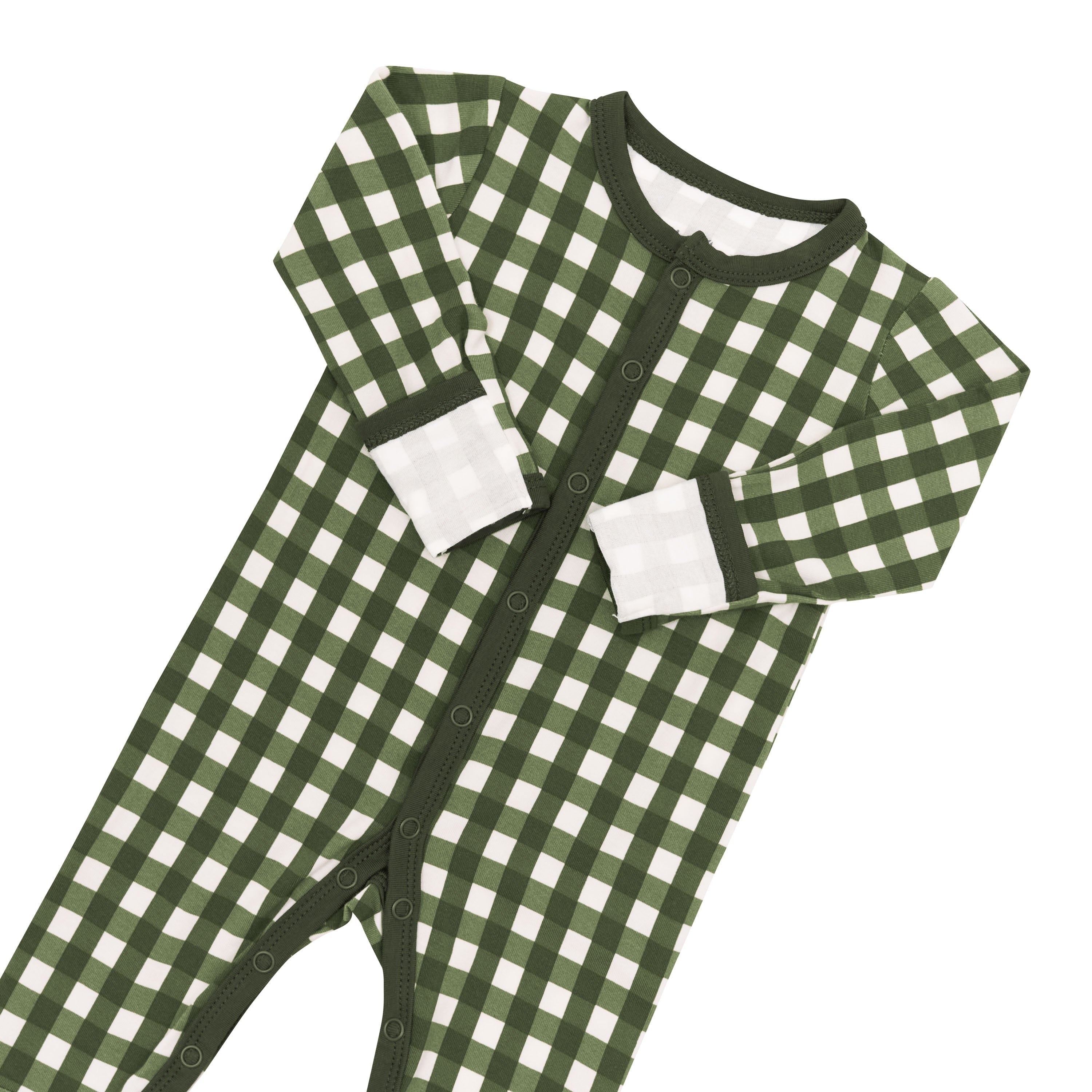 Snap closure and fold over hand cuffs shown on the Romper in Gingham Fir