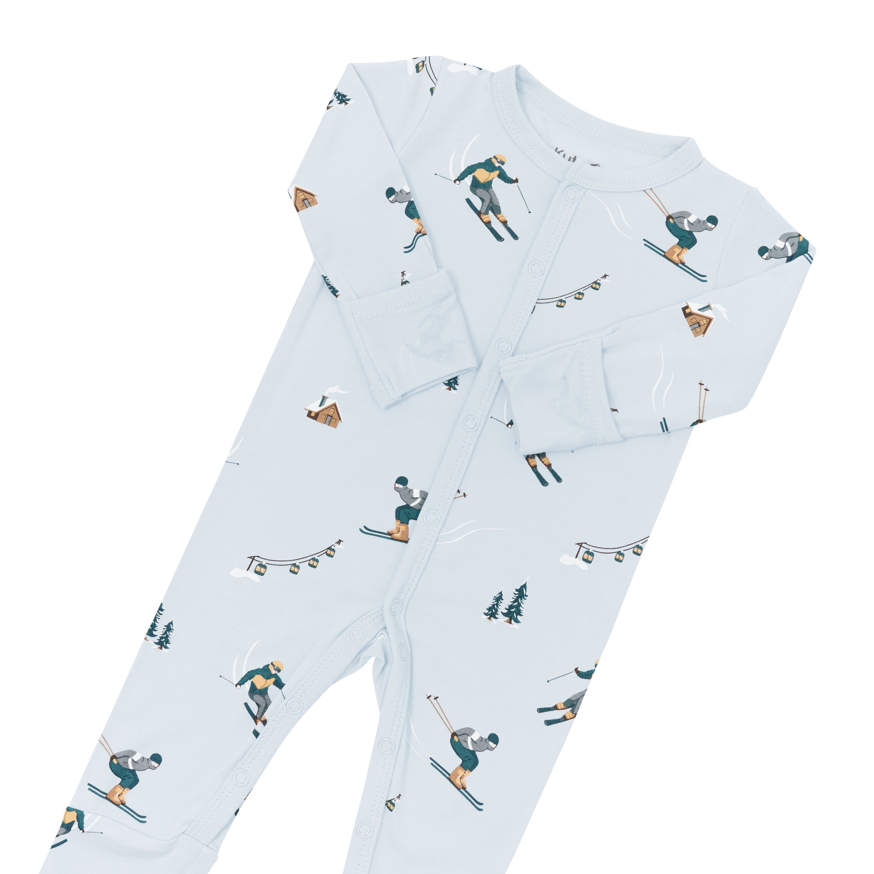 The snap closures and fold over hand cuffs shown on the Romper in Ski