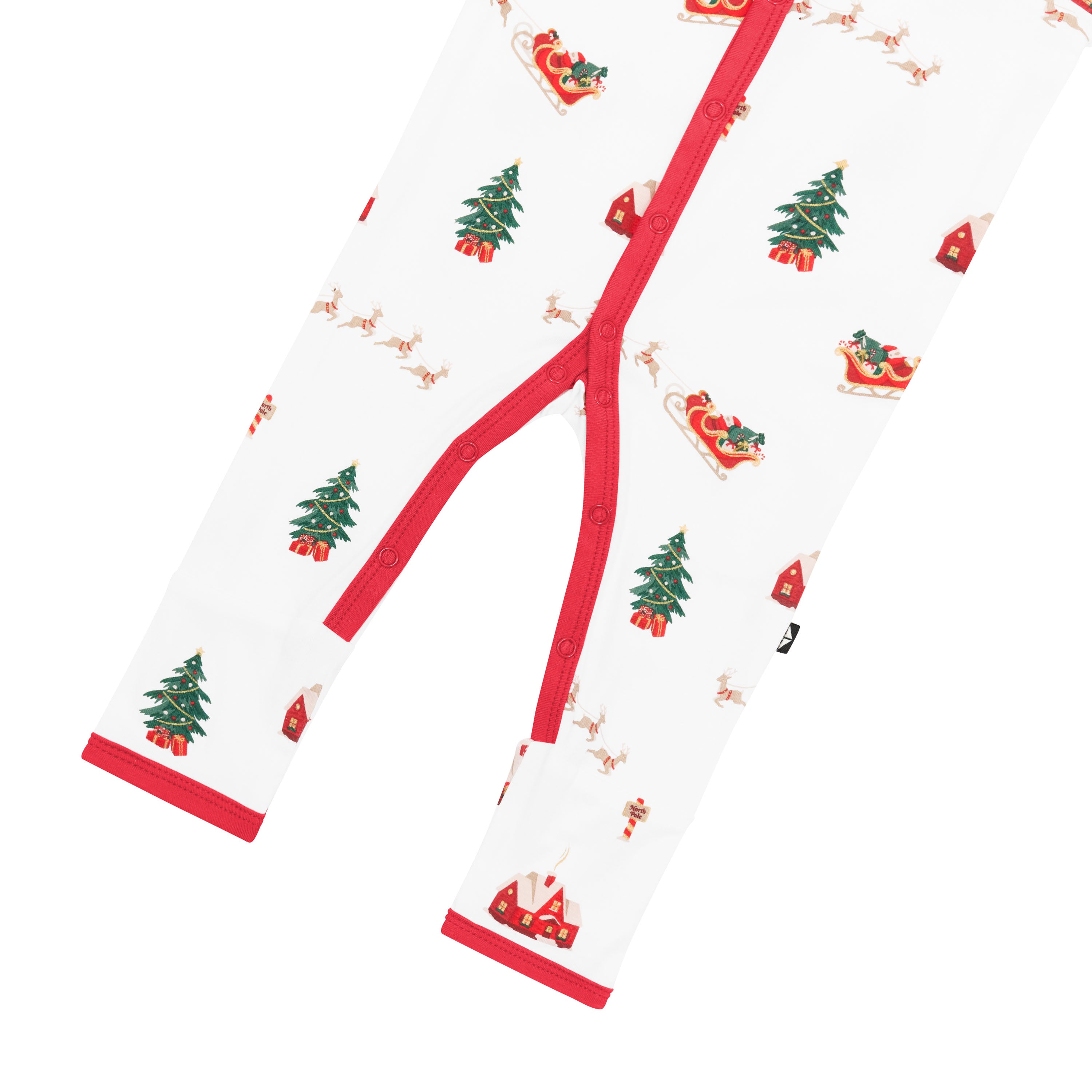 Snap closure shown on the legs of the Romper in Santa Sleigh