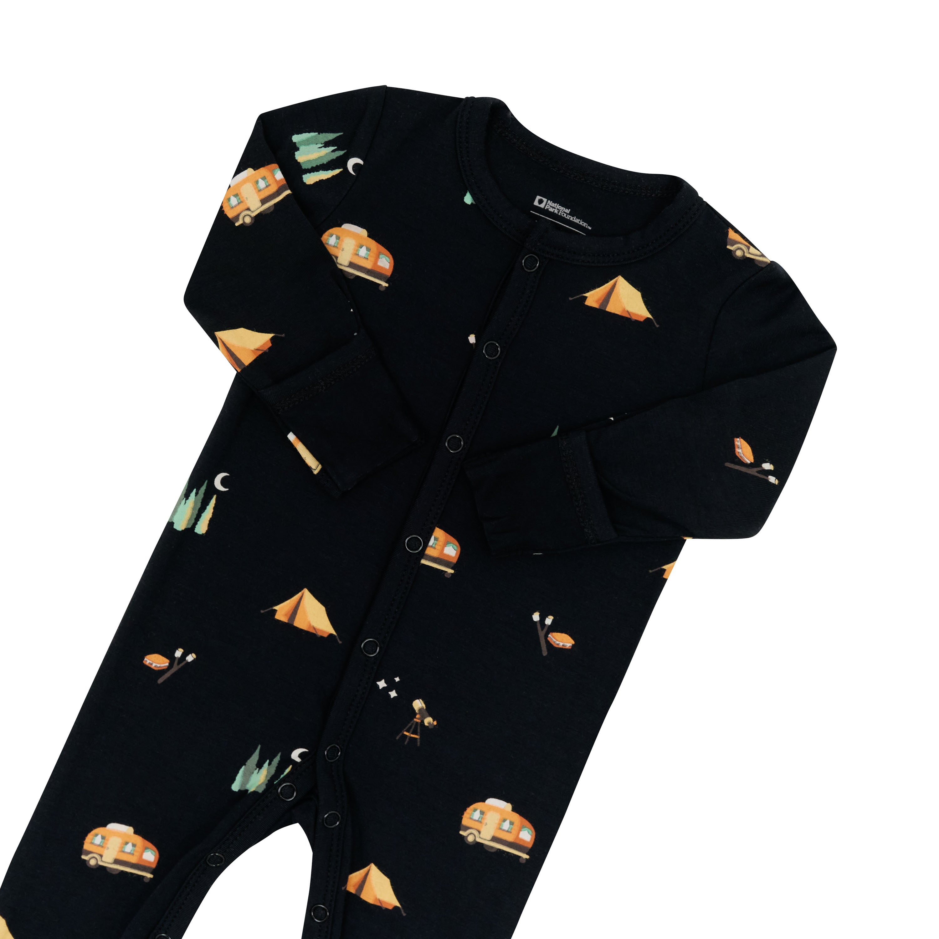 Fold over cuffs on Romper camping pajamas in Under the Stars