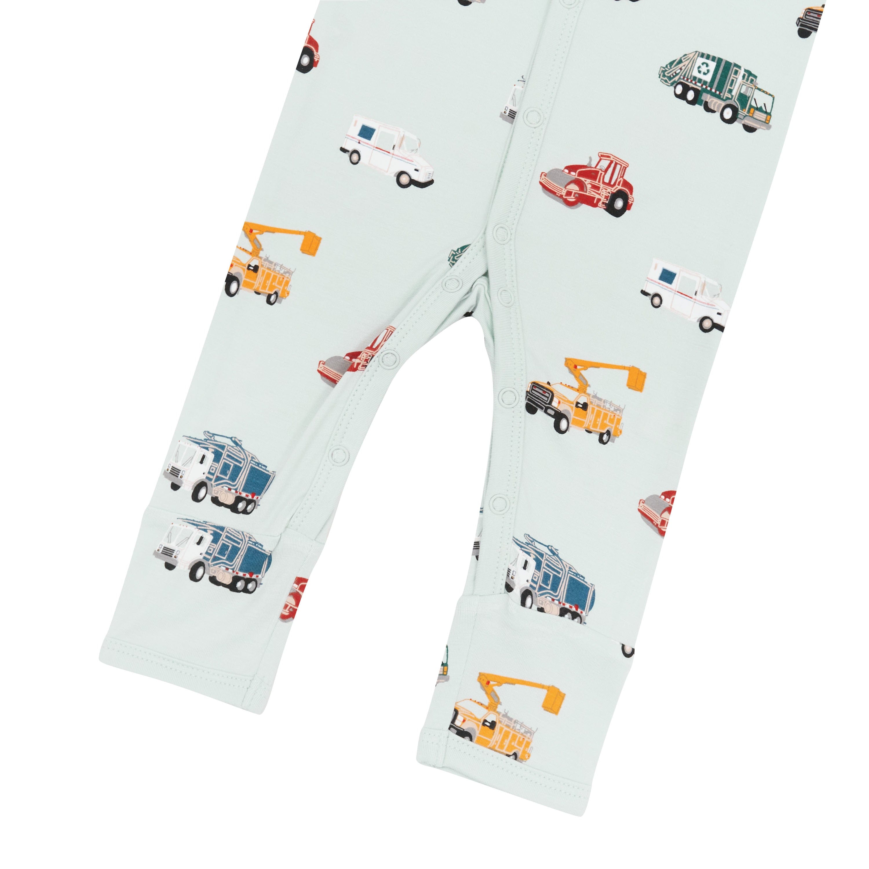 Snap closures on the legs of the Romper in City Vehicles