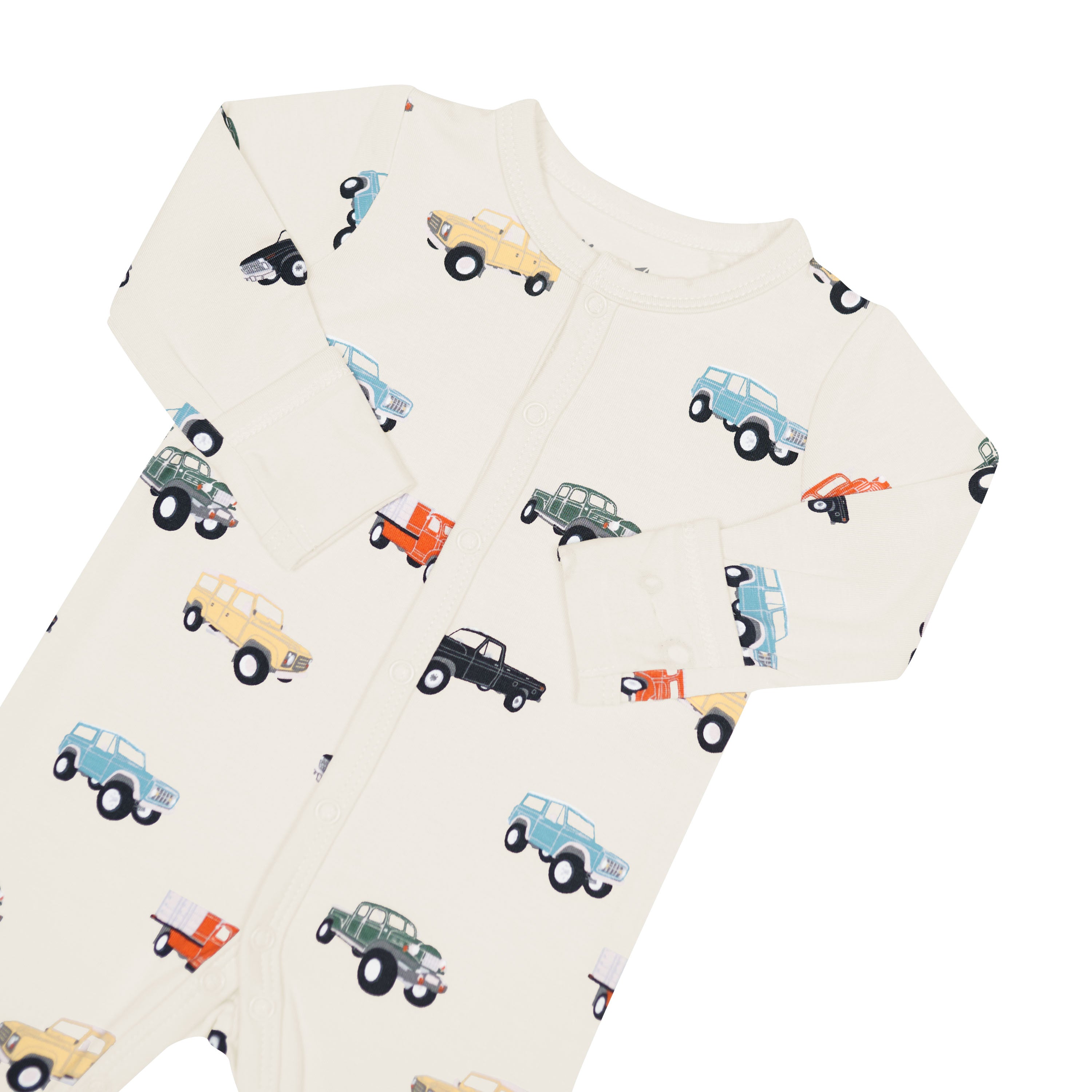 Fold over cuffs on Romper in Vintage Truck