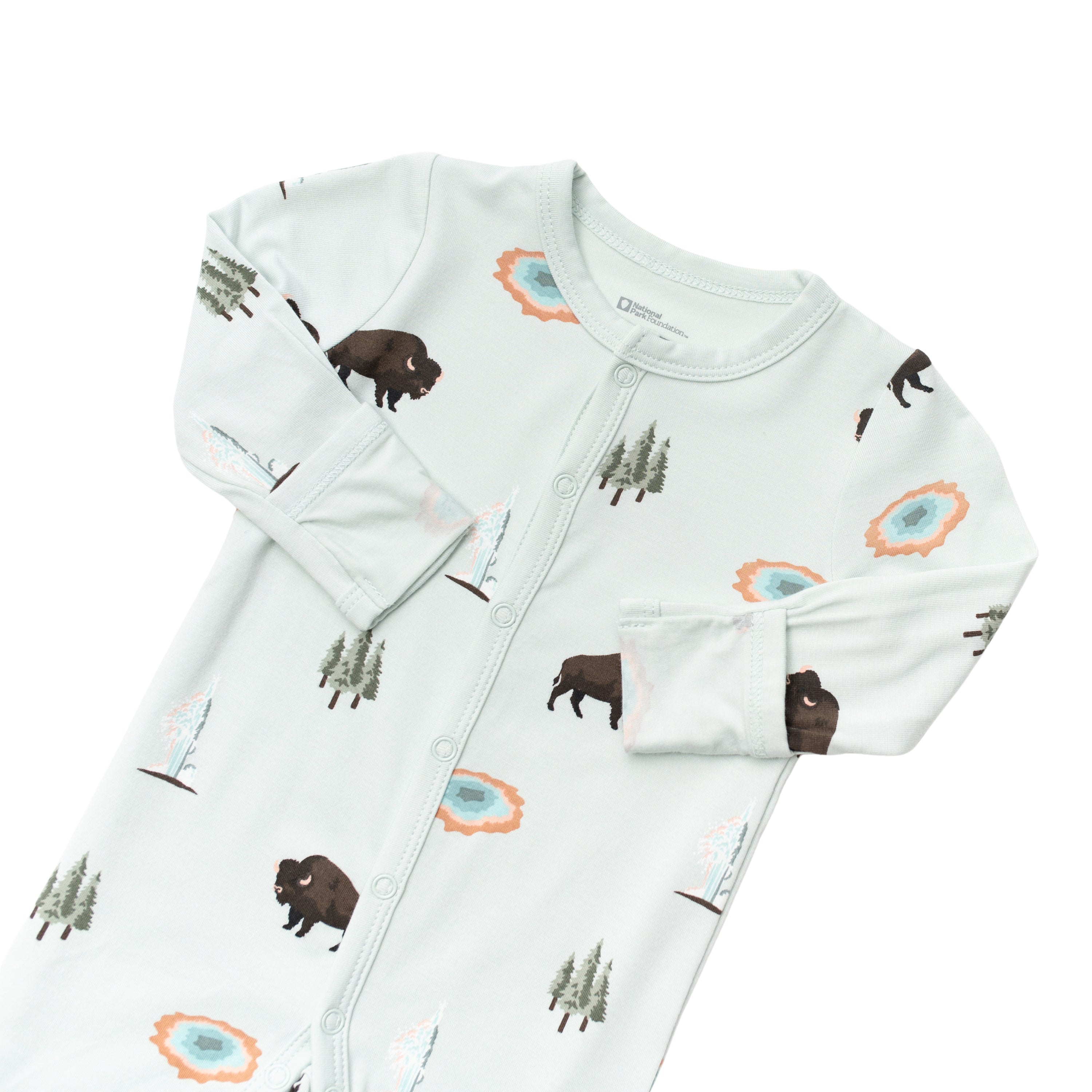 Foldover cuffs on National Parks Foundation Yellowstone romper pajamas