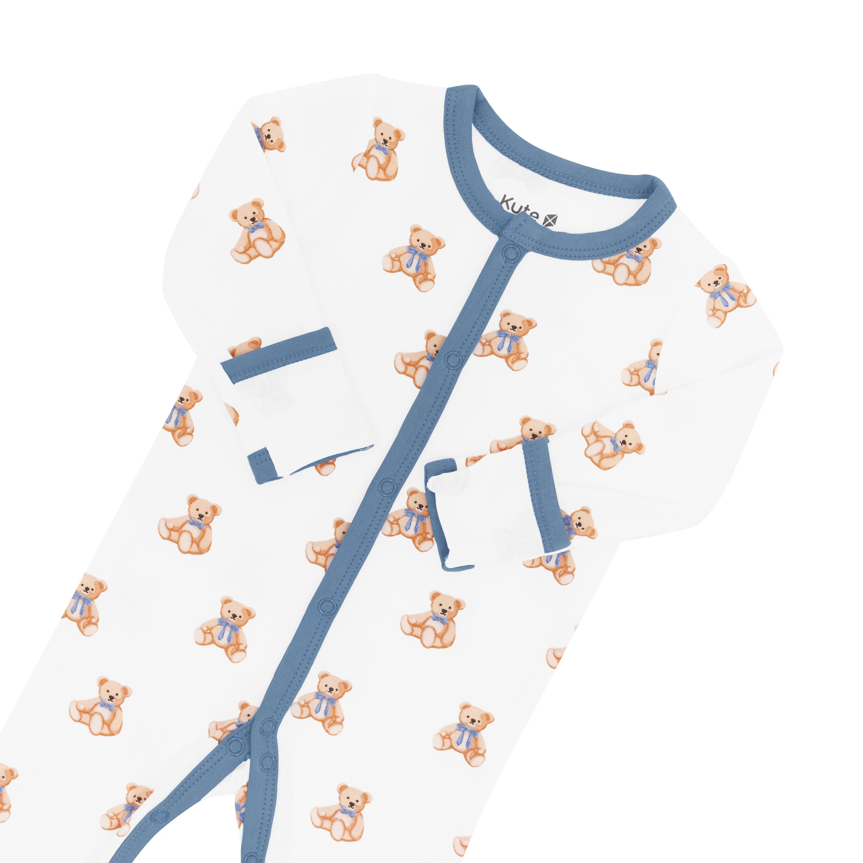 Footie in Teddy Bear close up showing the Slate trim and snap closures