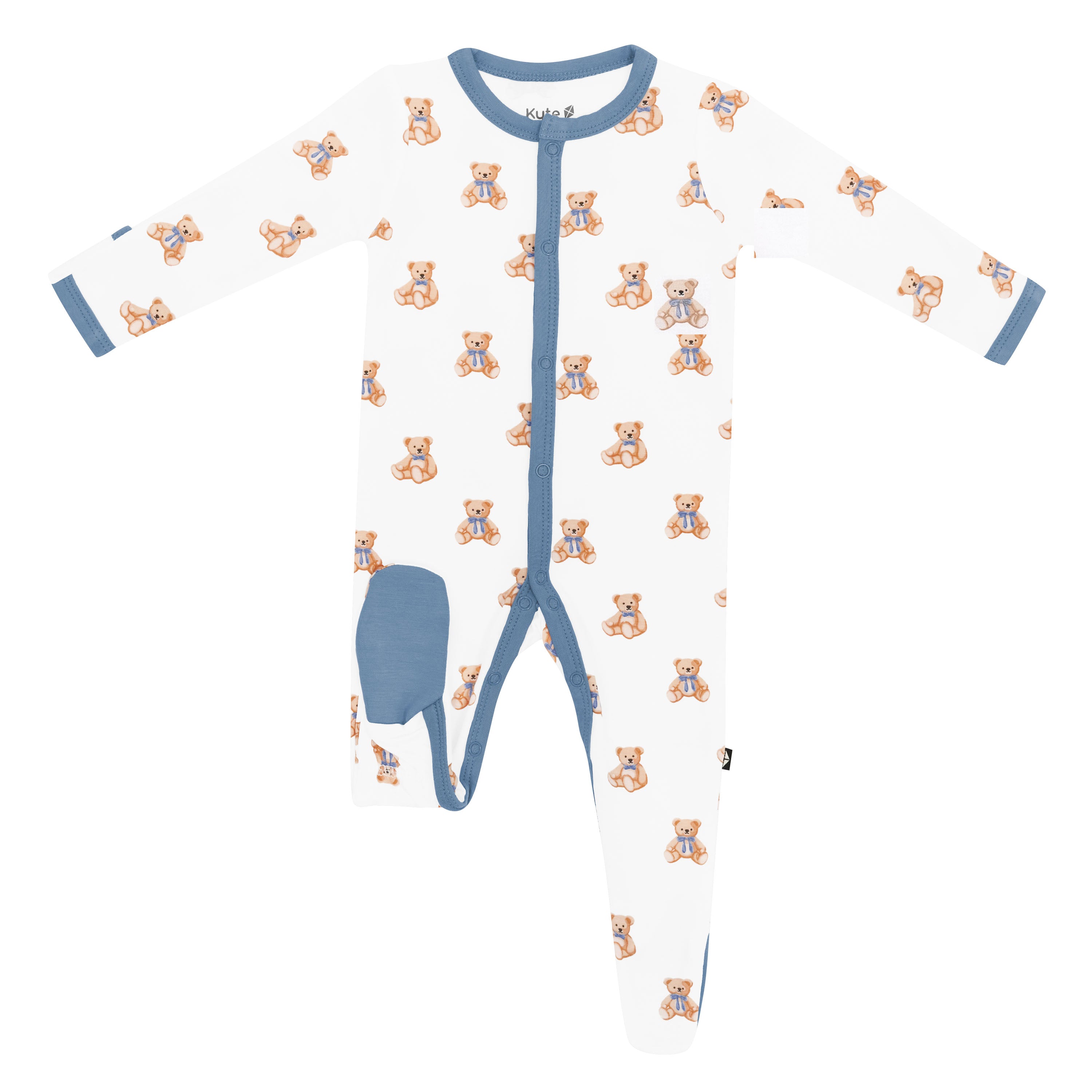 Footie in Teddy Bear showing the Slate accent on the pad of the foot