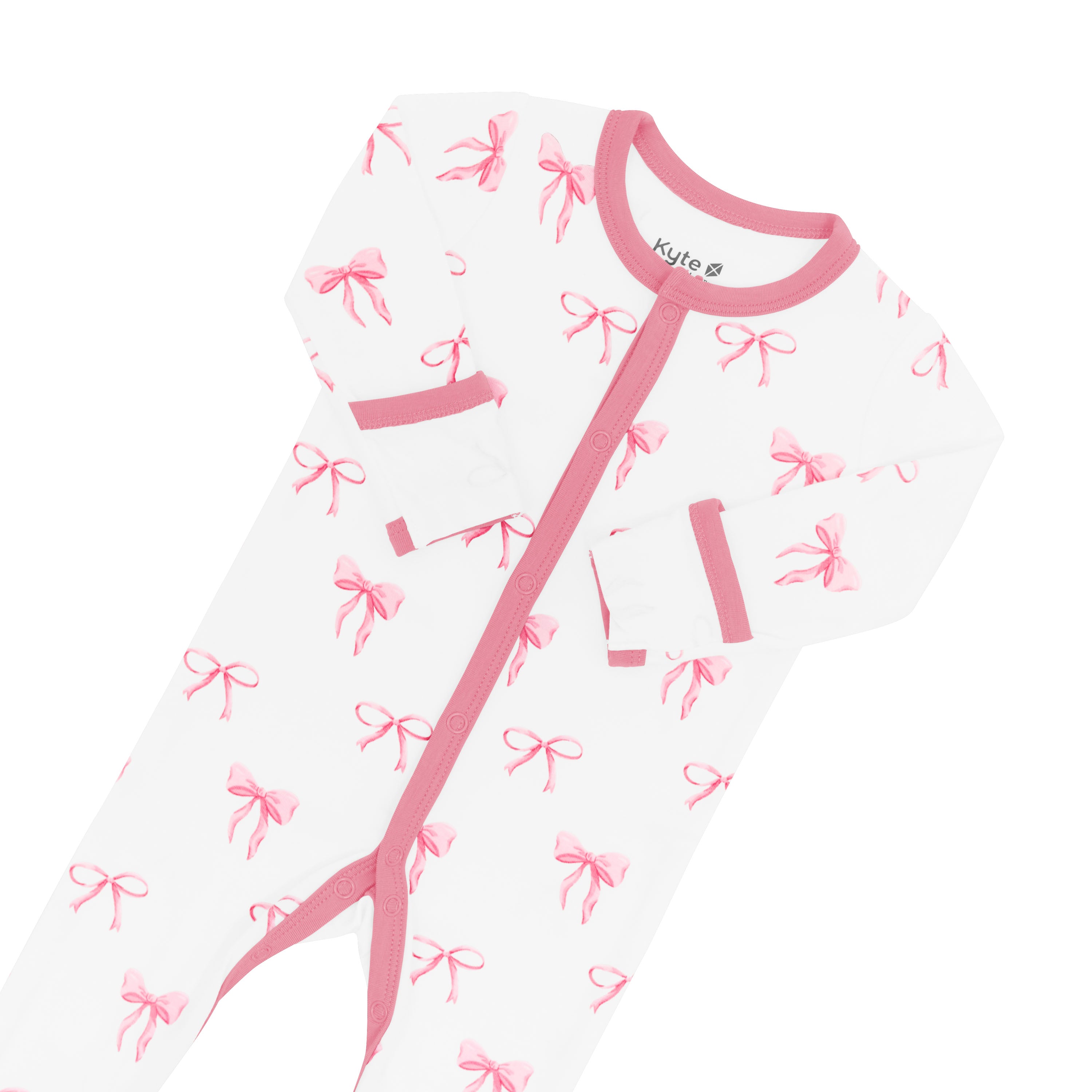 Foldover mittens on pink Footie pajamas in Bow print