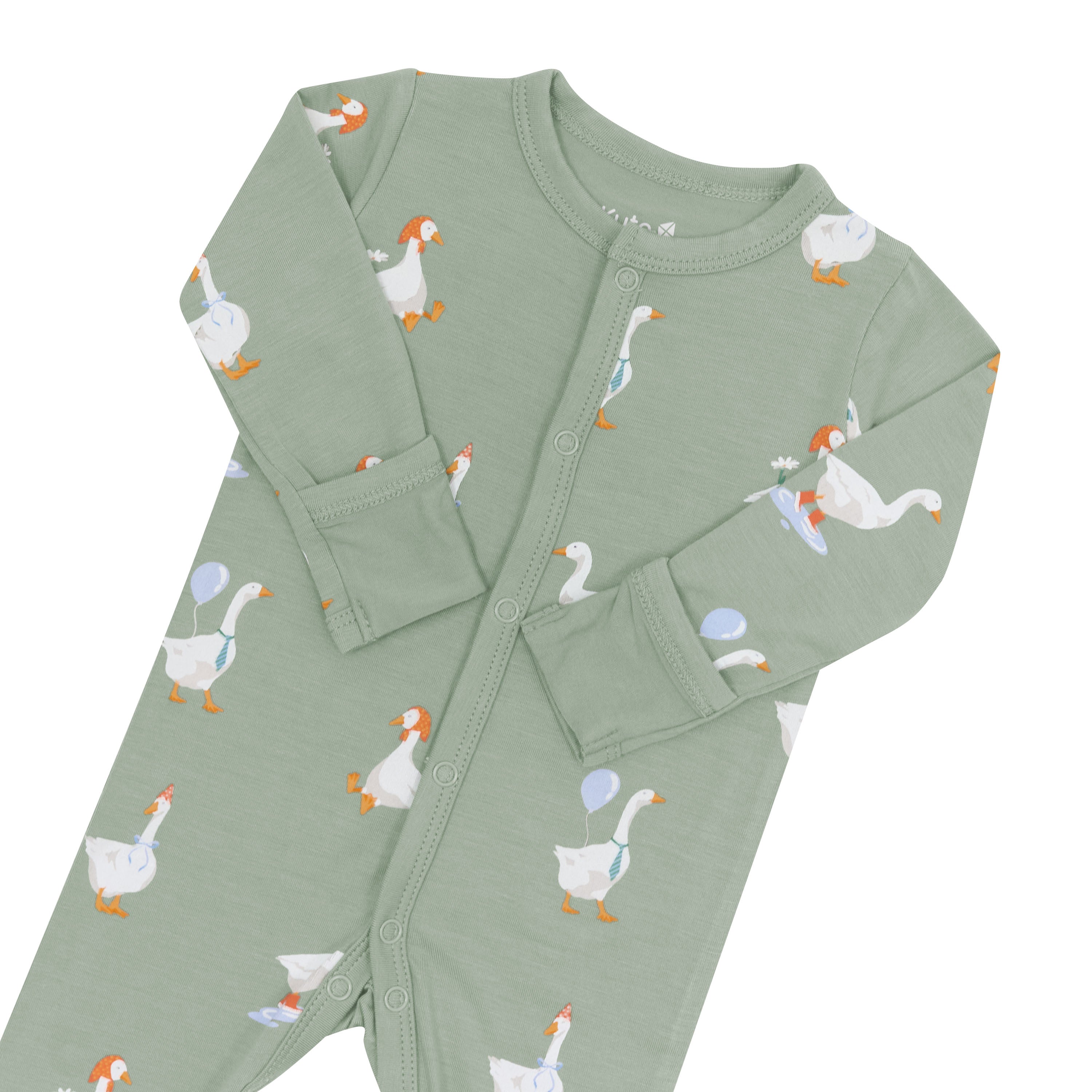 Close up of the snap closures and fold over hand cuffs on the Footie in Silly Goose