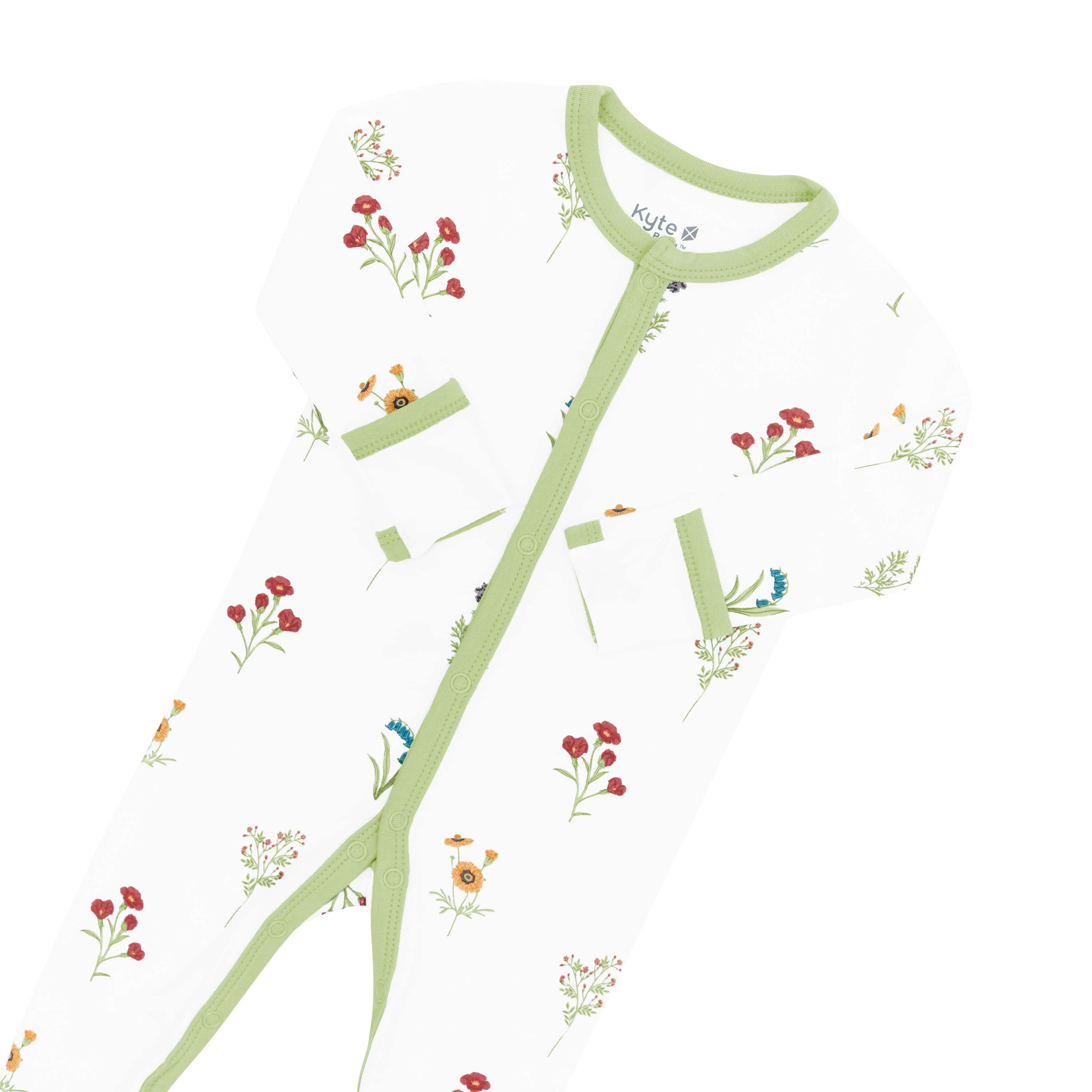 Close up on Footie in Wildflower with foldable cuffs